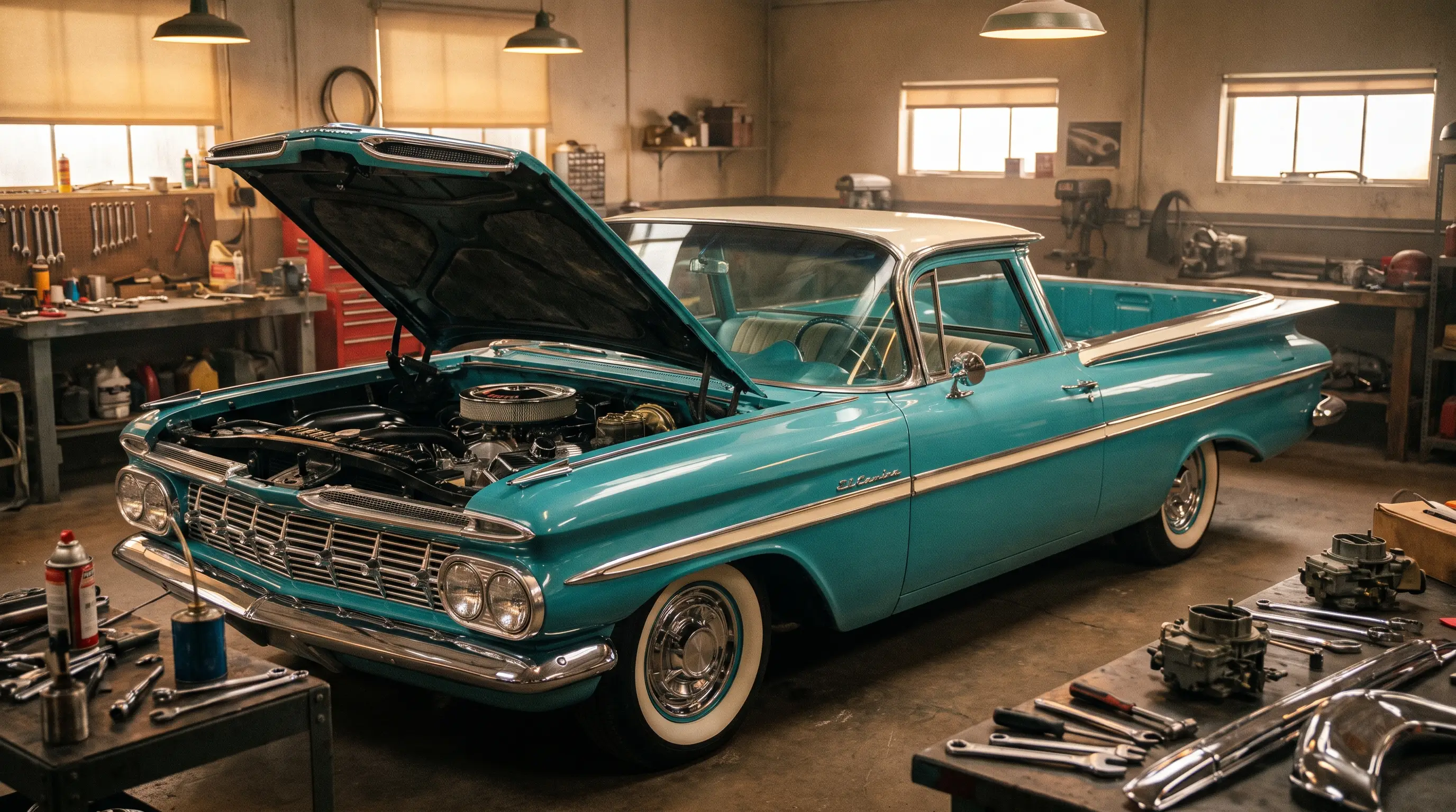 Restored 1959 Chevrolet El Camino with open hood inside a warm classic car workshop