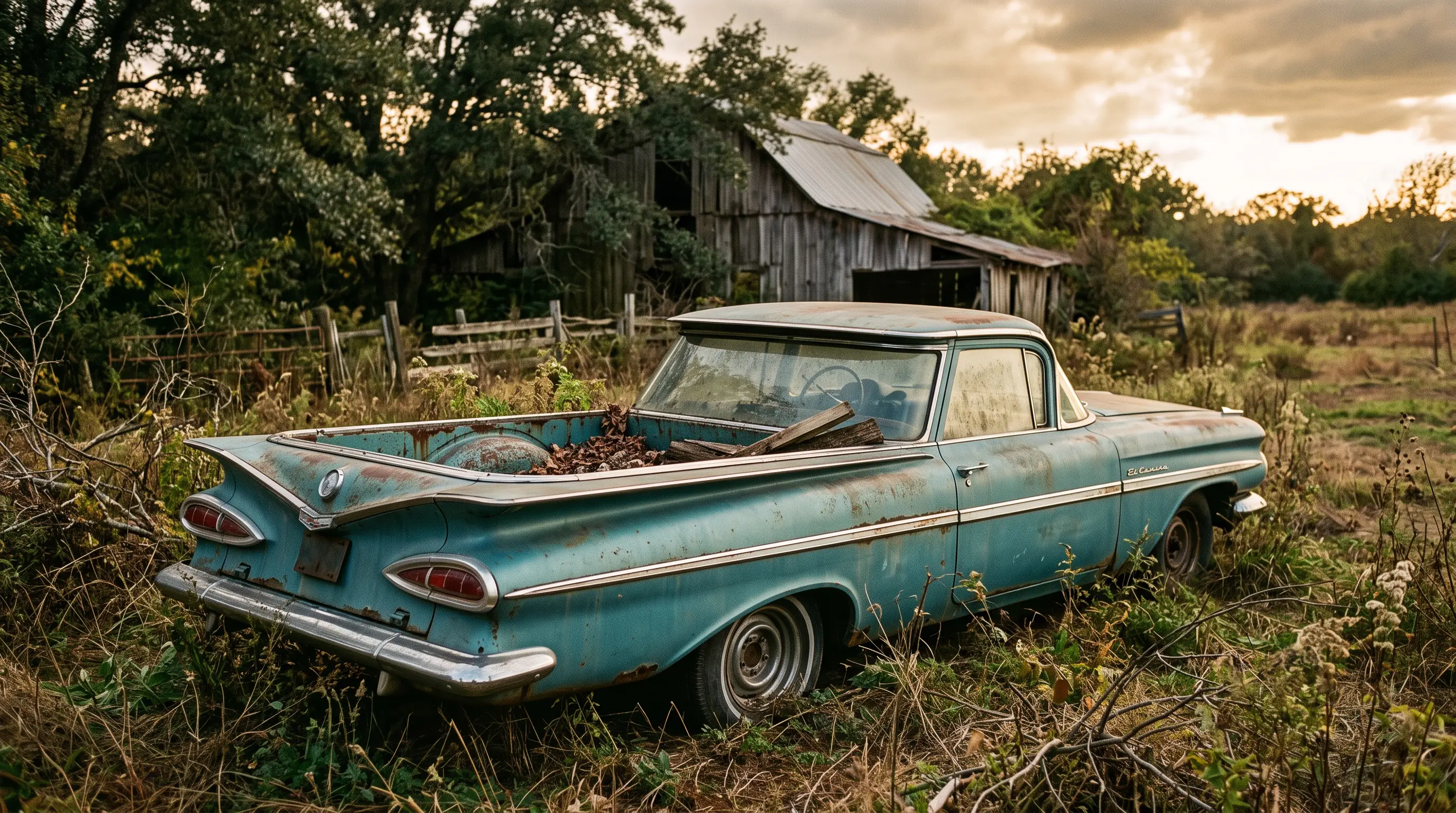 Weathered turquoise 1959 El Camino with patina sitting in an overgrown barn find field