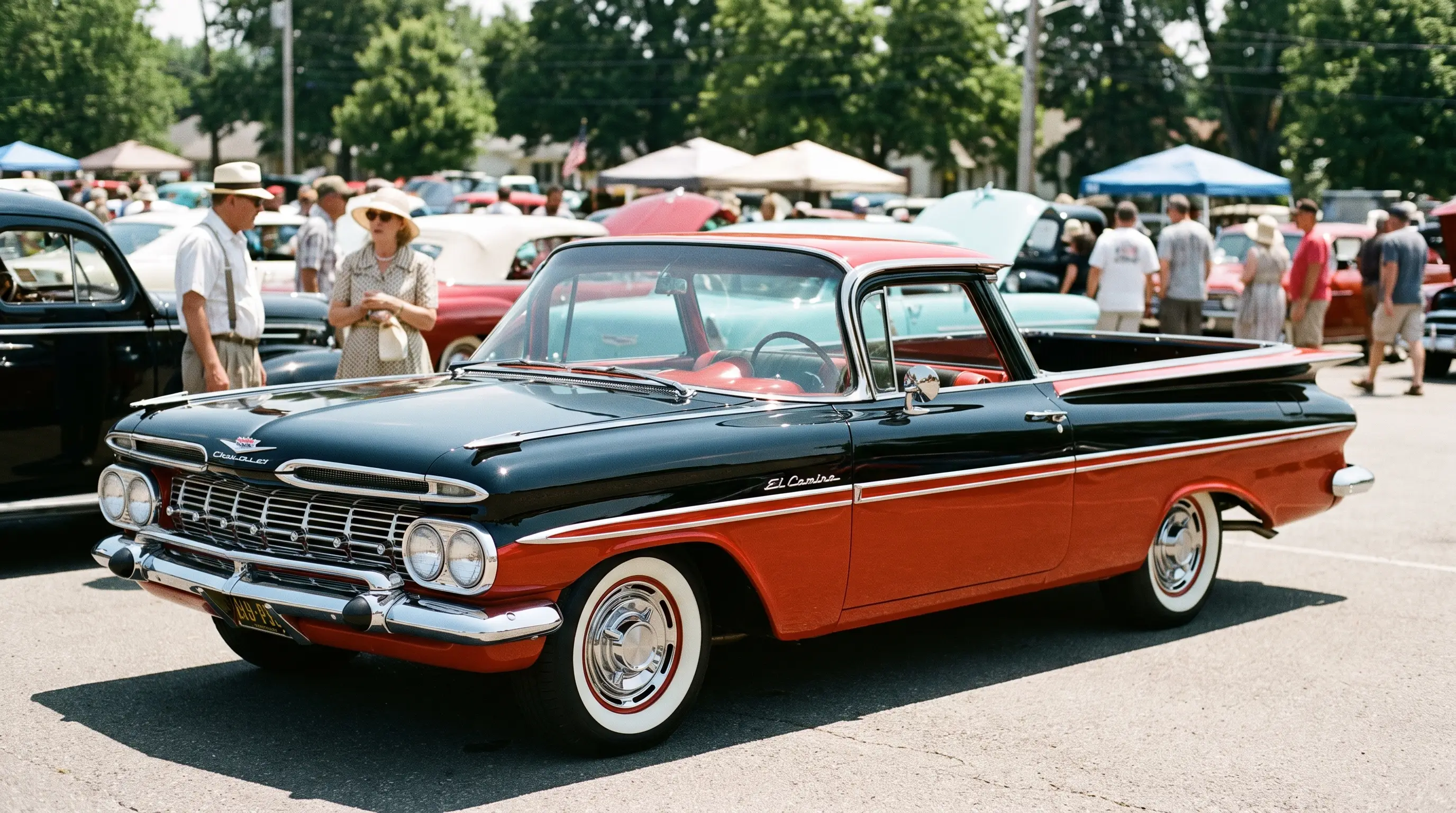 Pristine 1959 Chevrolet El Camino with gleaming chrome at a vintage car show under bright sun