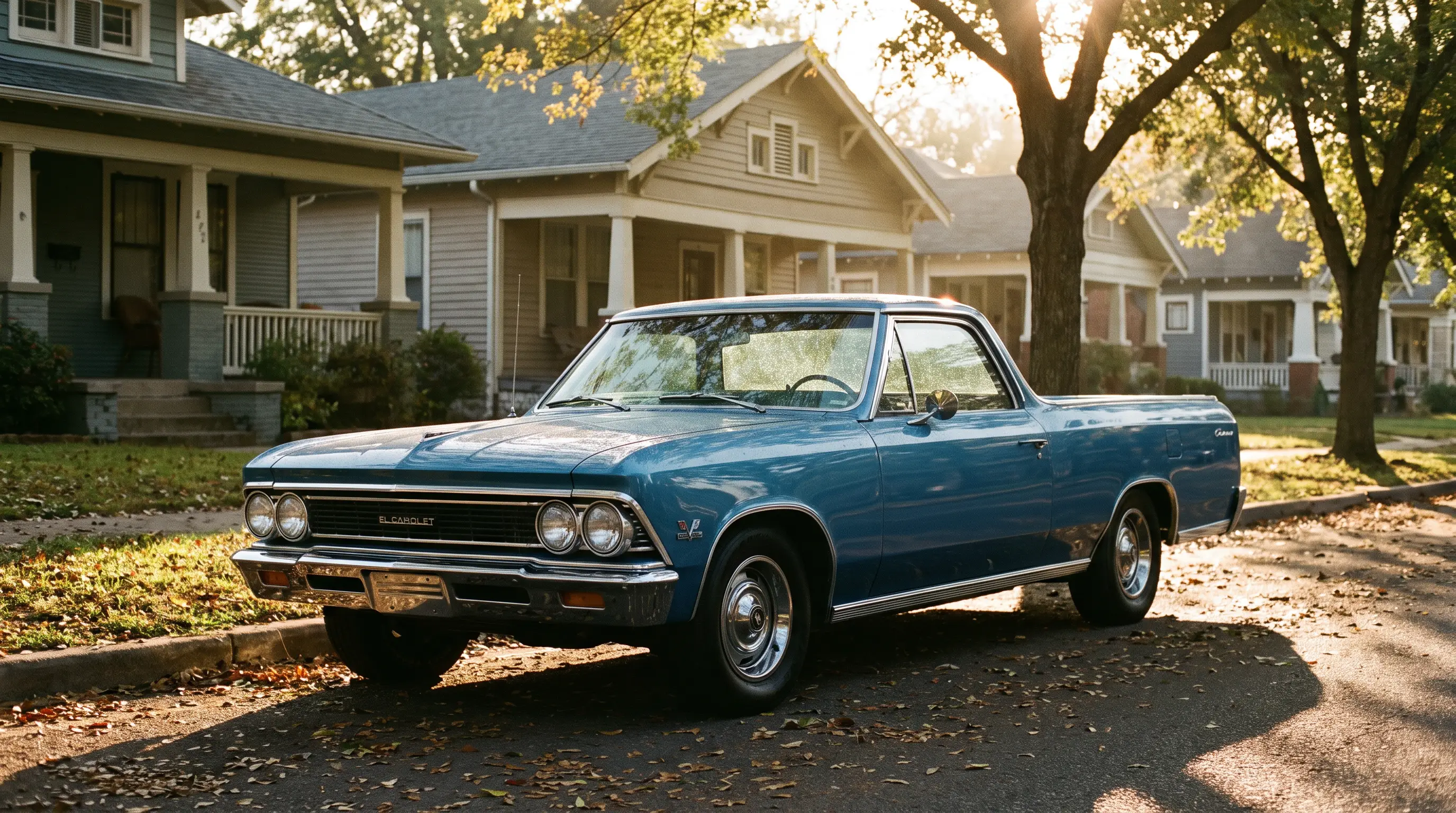 Clean mid 1960s Chevrolet El Camino parked on a quiet residential street