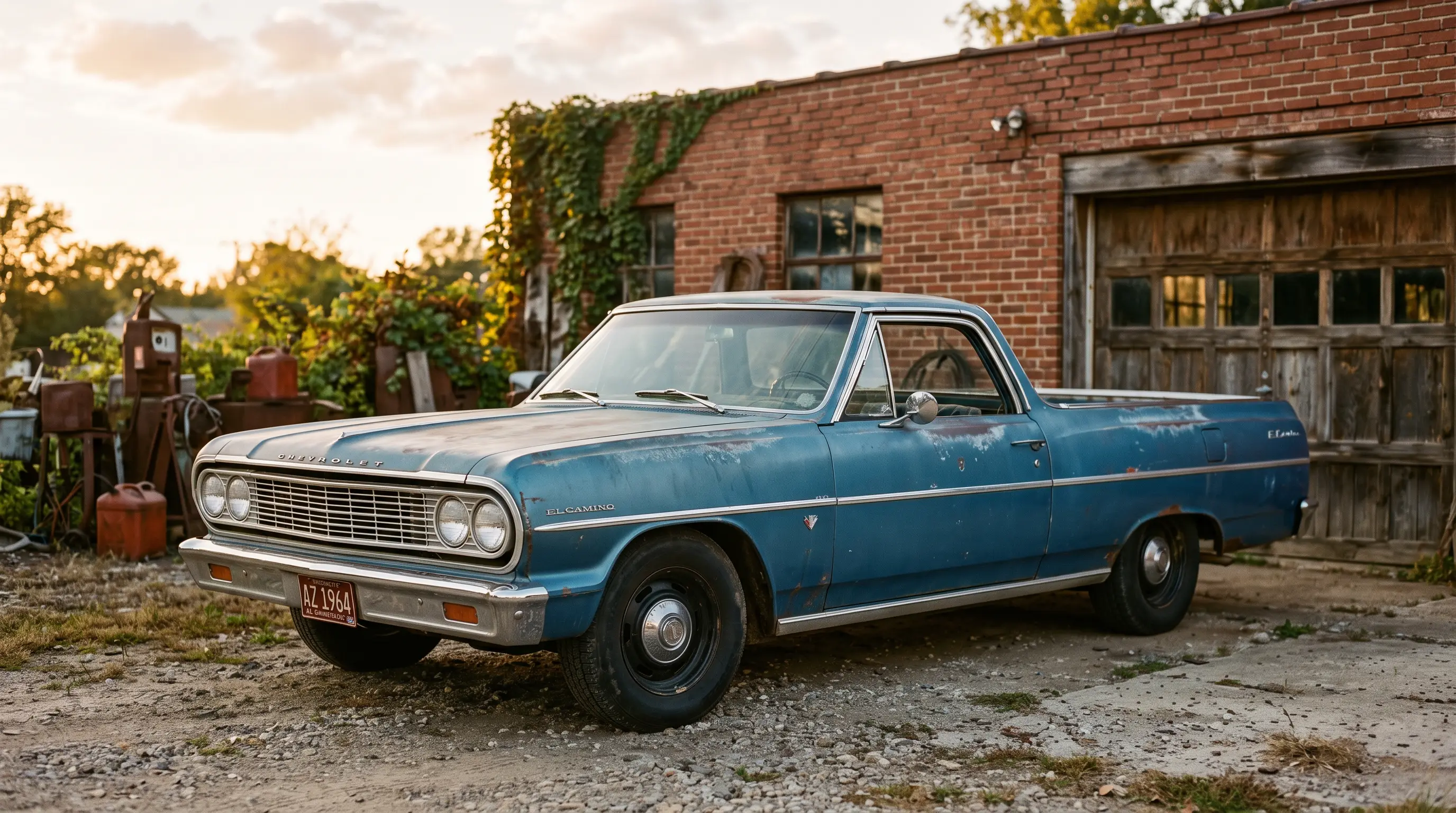 Faded original blue 1964 Chevrolet El Camino parked by a brick garage at golden hour