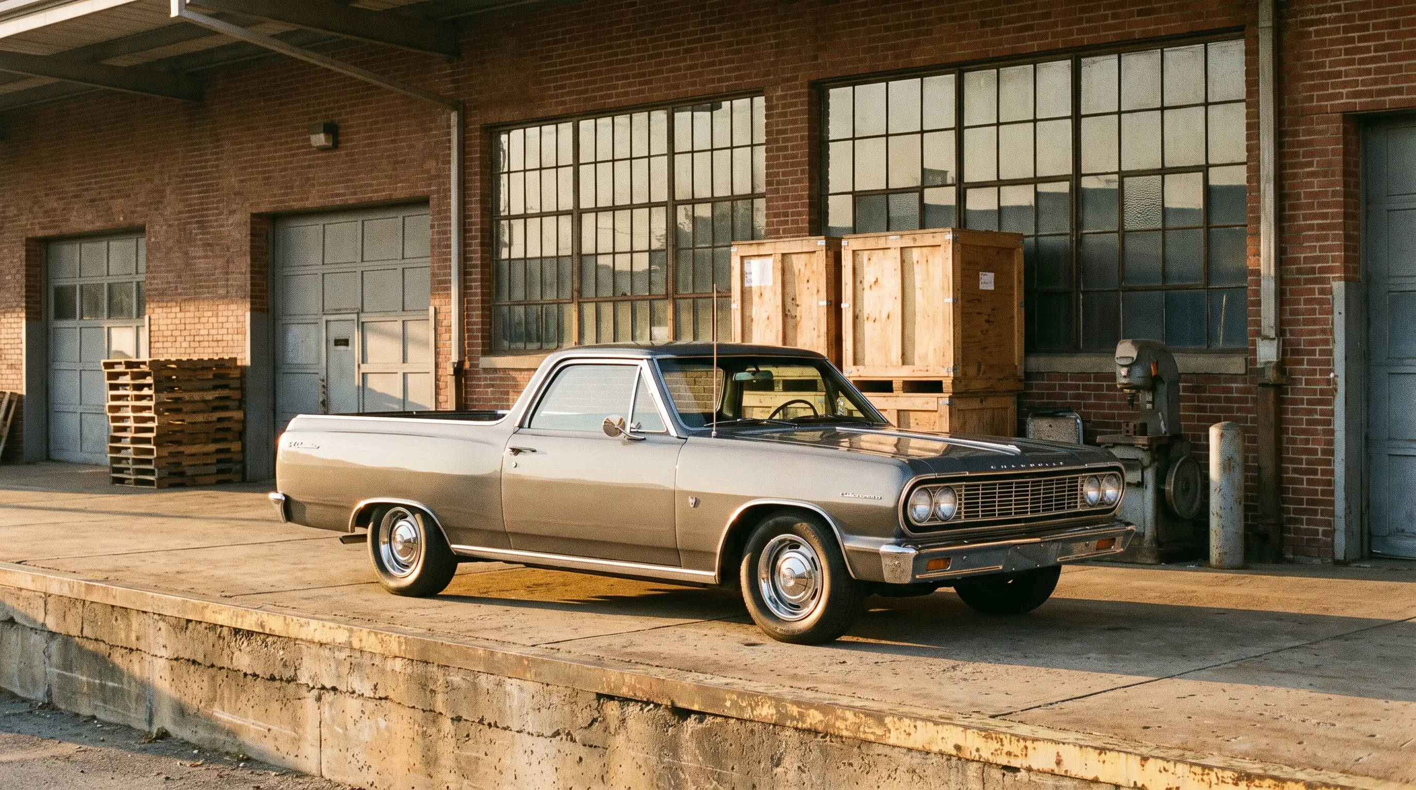 1964 Chevrolet El Camino on new Chevelle platform parked at a sunlit plant loading dock
