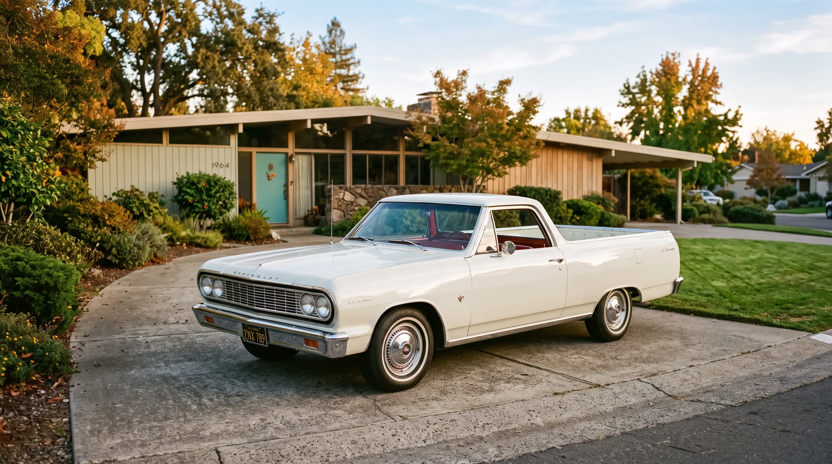 Clean original 1964 Chevrolet El Camino parked in a mid-century suburban driveway