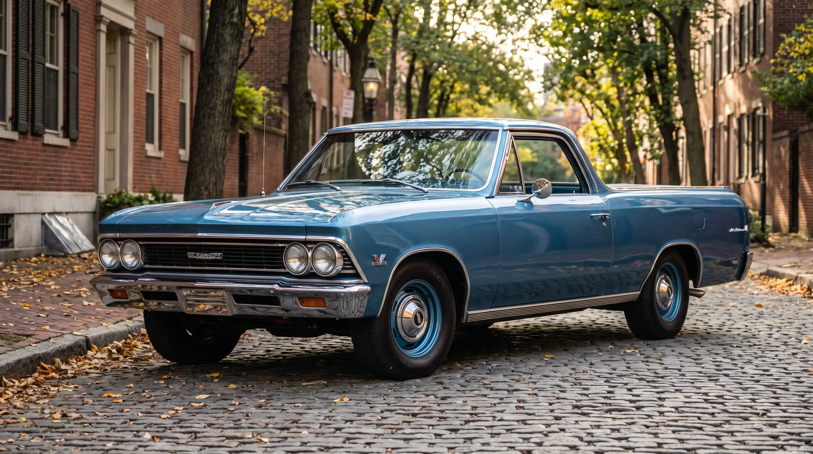 Mid 1960s Chevrolet El Camino Custom trim with gleaming brightwork on a tree lined street