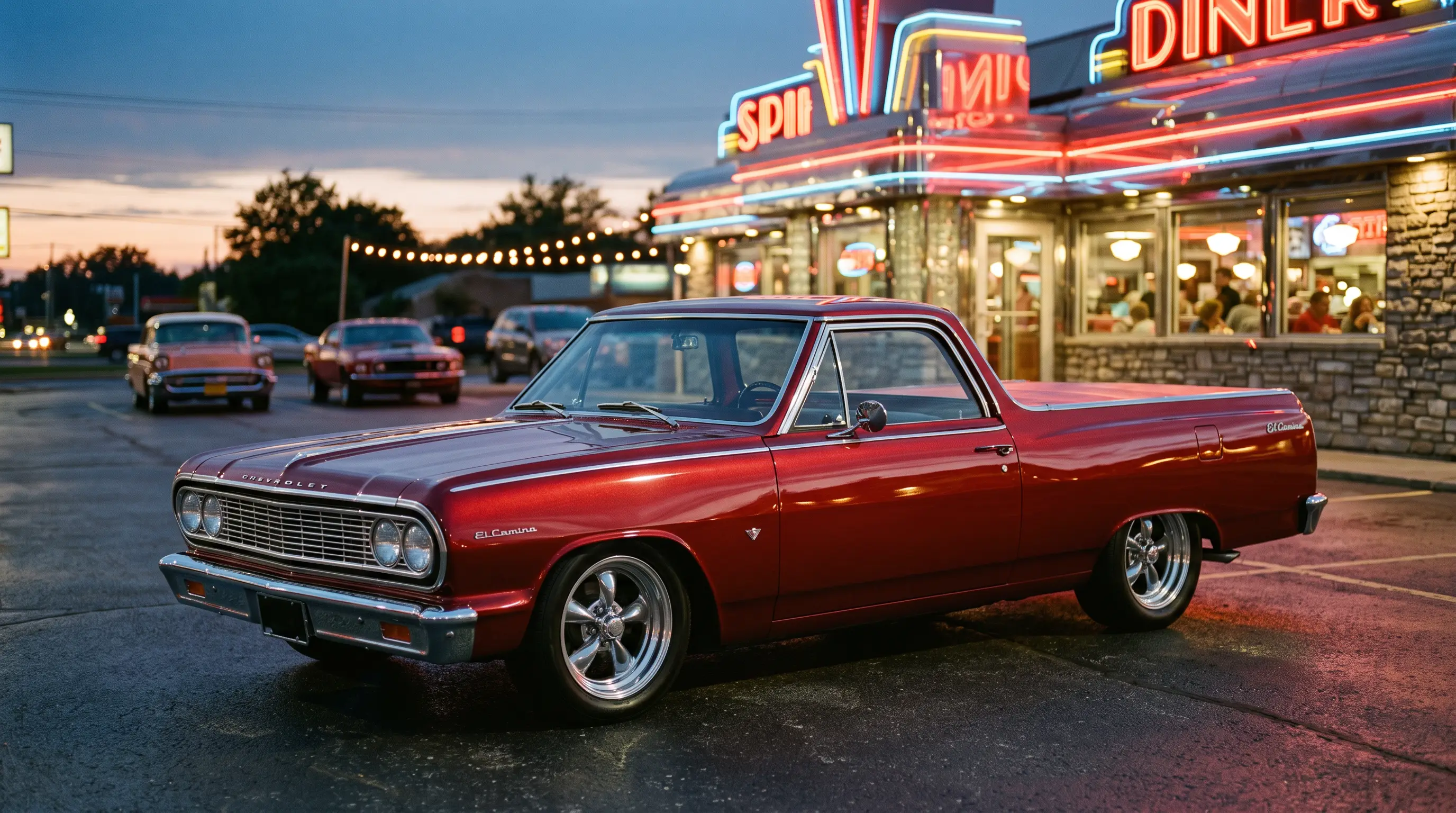Lowered custom 1964 Chevrolet El Camino parked under neon diner lights at dusk