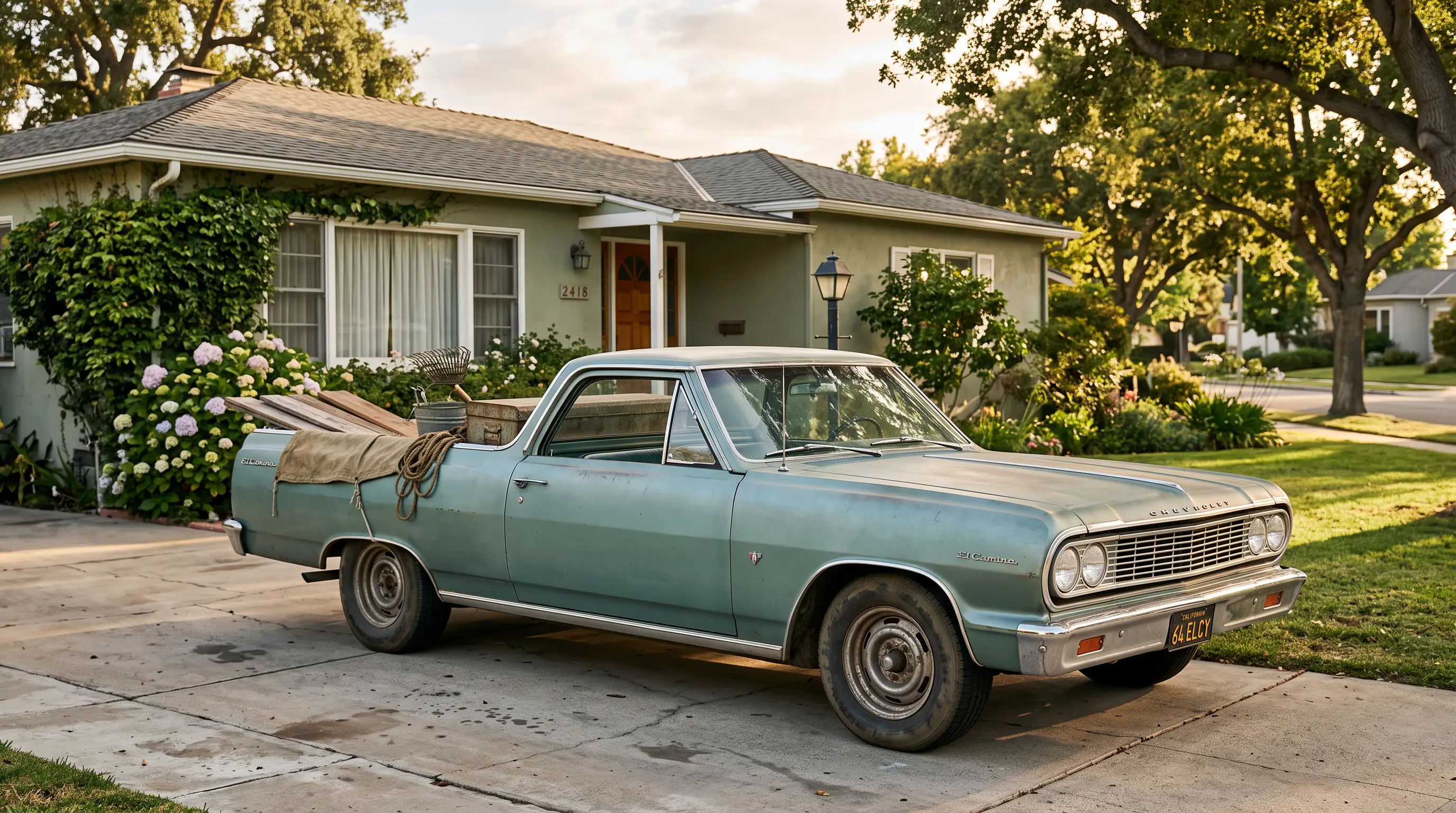 1964 Chevrolet El Camino parked outside a suburban house in warm afternoon light