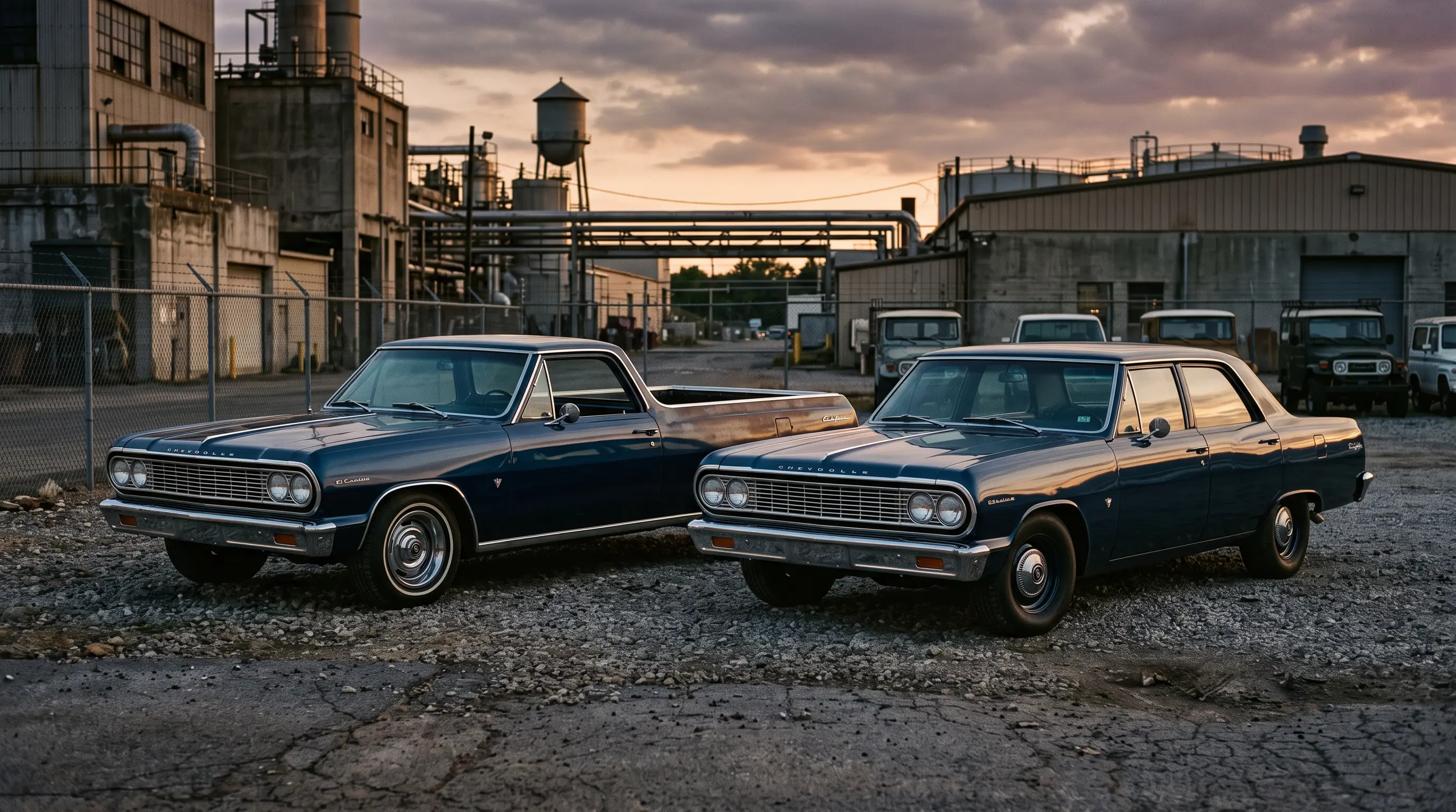 1964 Chevrolet El Camino parked beside an early Chevelle sedan in a factory test yard