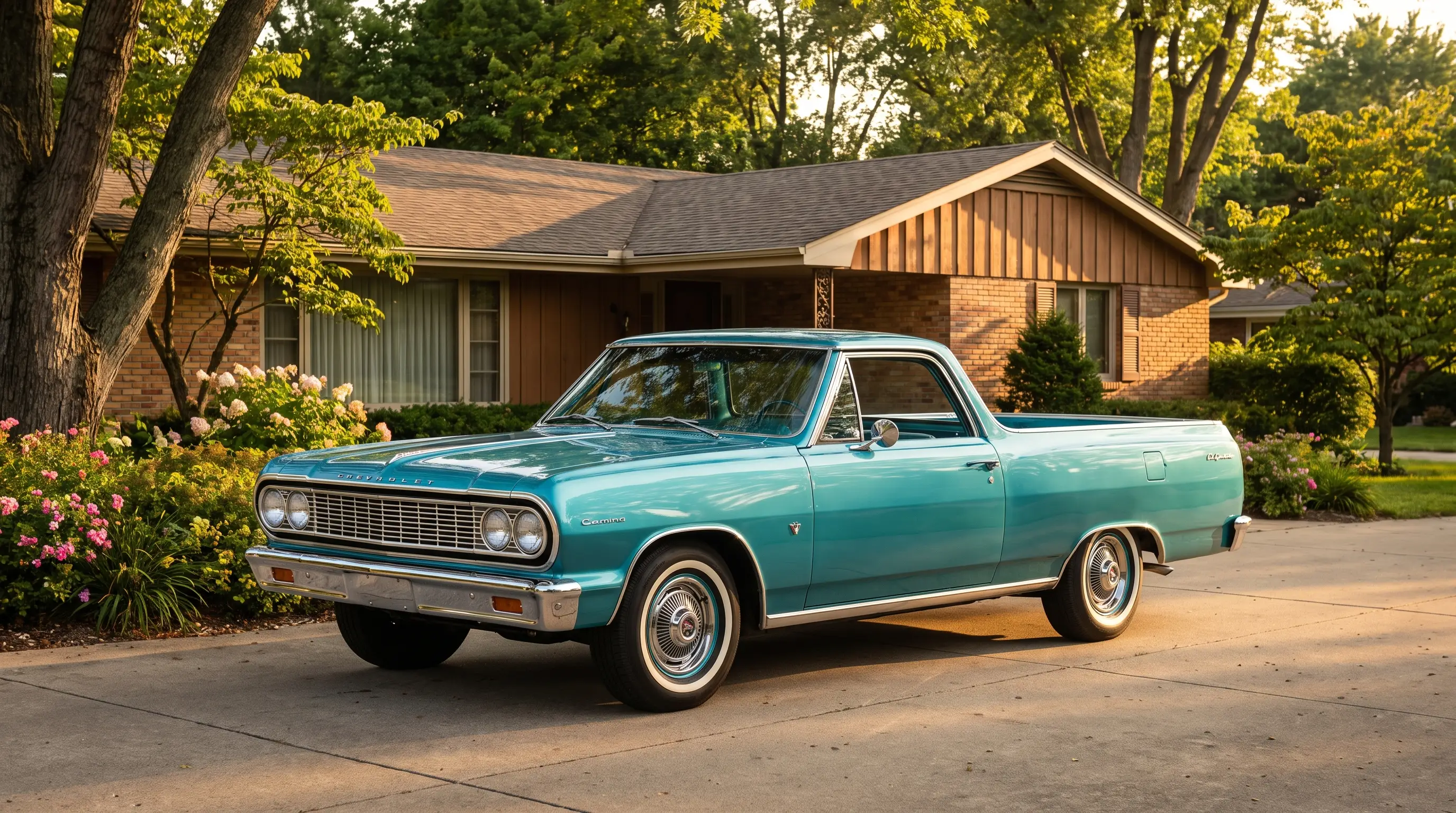 Turquoise 1964 El Camino parked in a 1960s suburban ranch house driveway