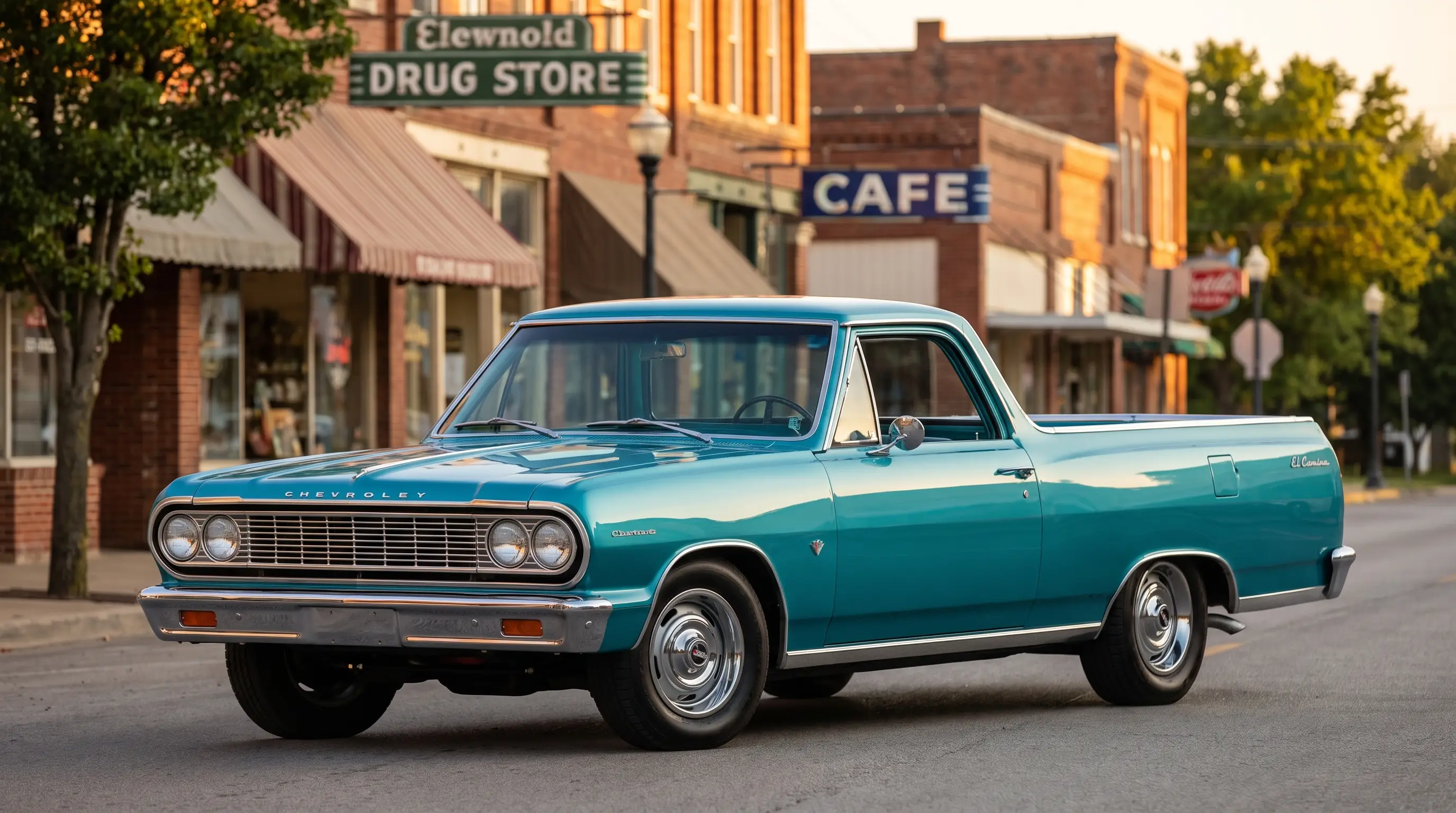 1964 Chevrolet El Camino parked on a quiet small town street at golden hour