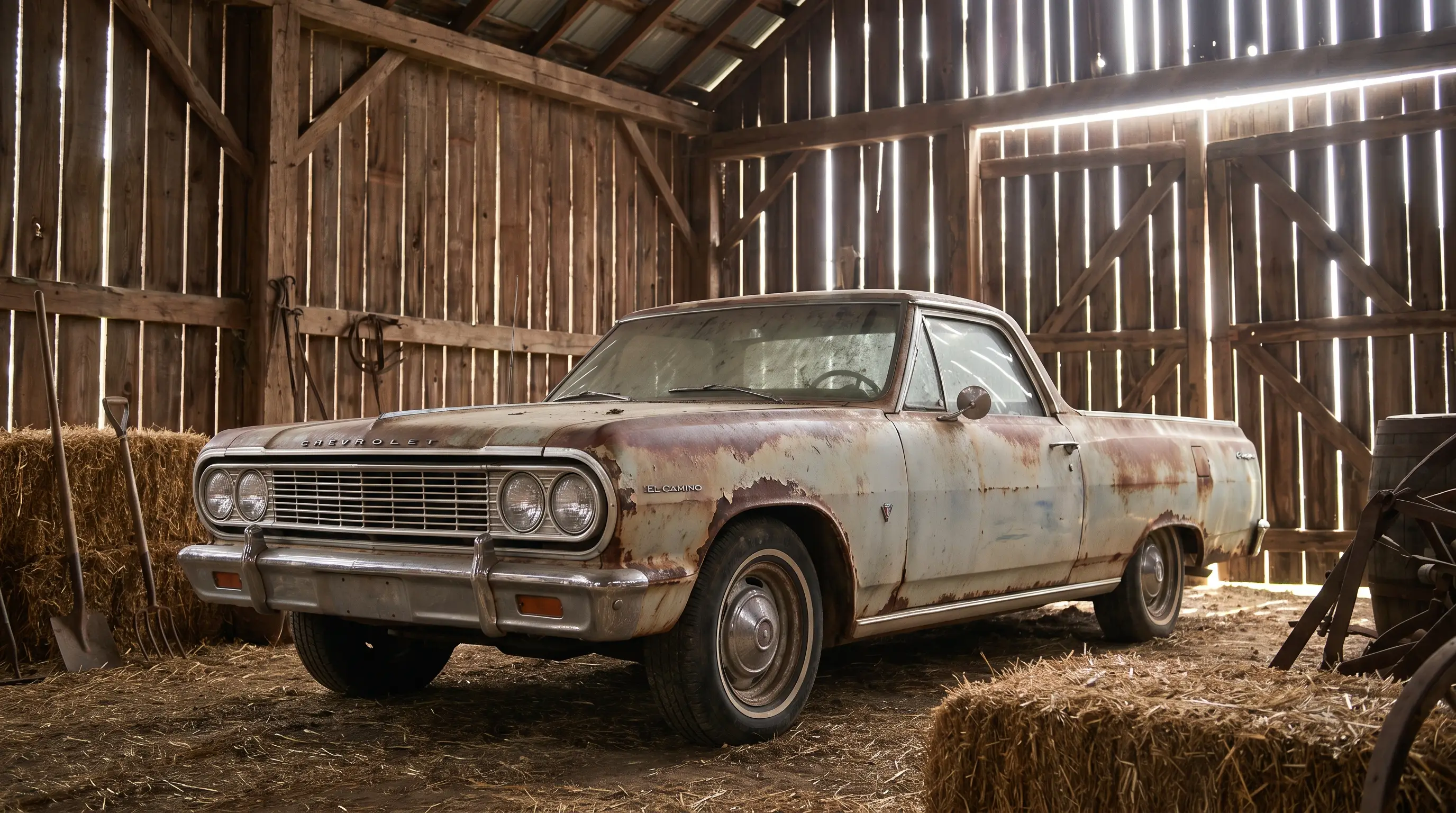 Dusty patina 1964 Chevrolet El Camino barn find with sunbeams through wooden boards