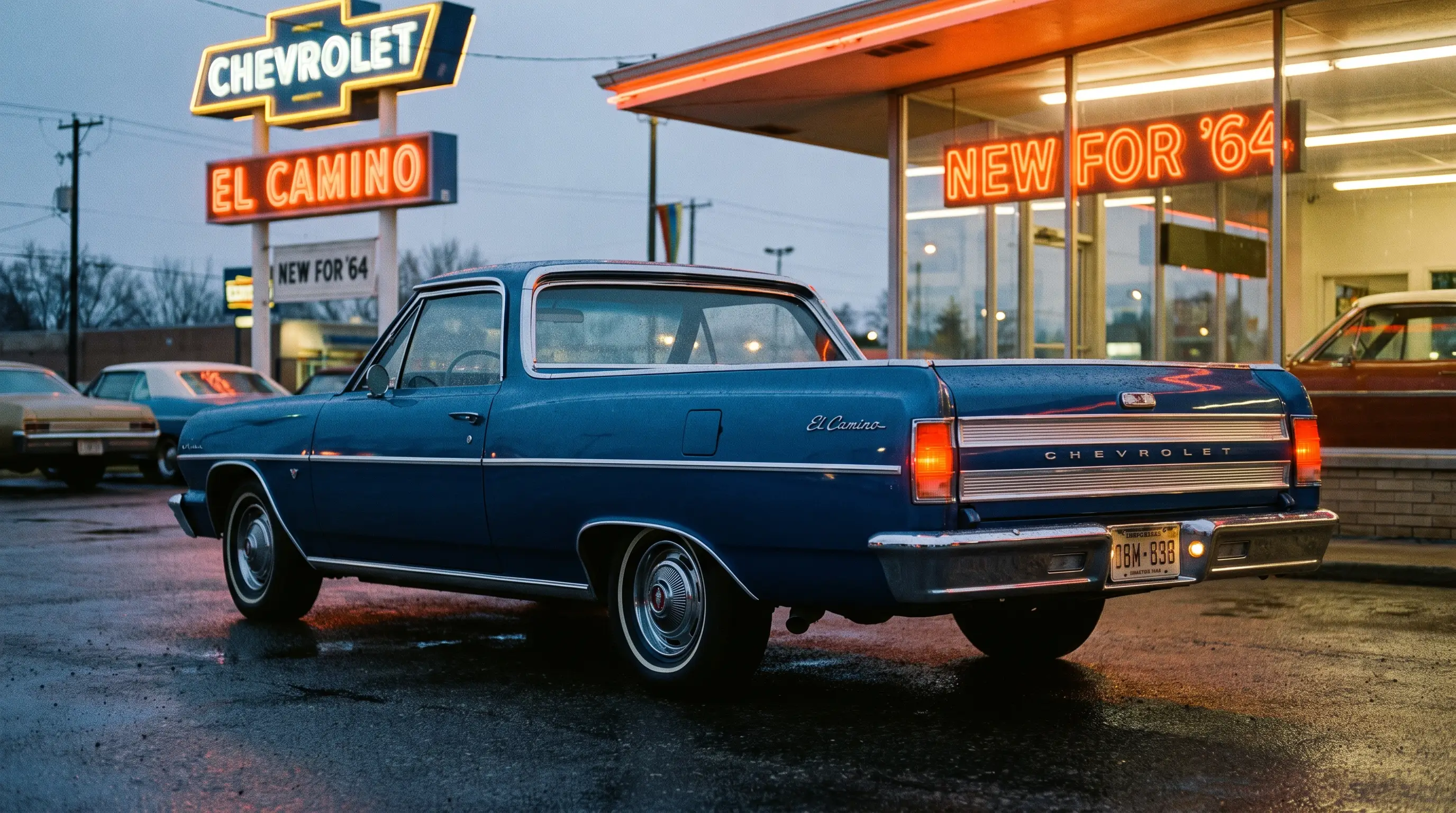 1964 Chevrolet El Camino rear three quarter view at a dealership lot at dusk with neon glow