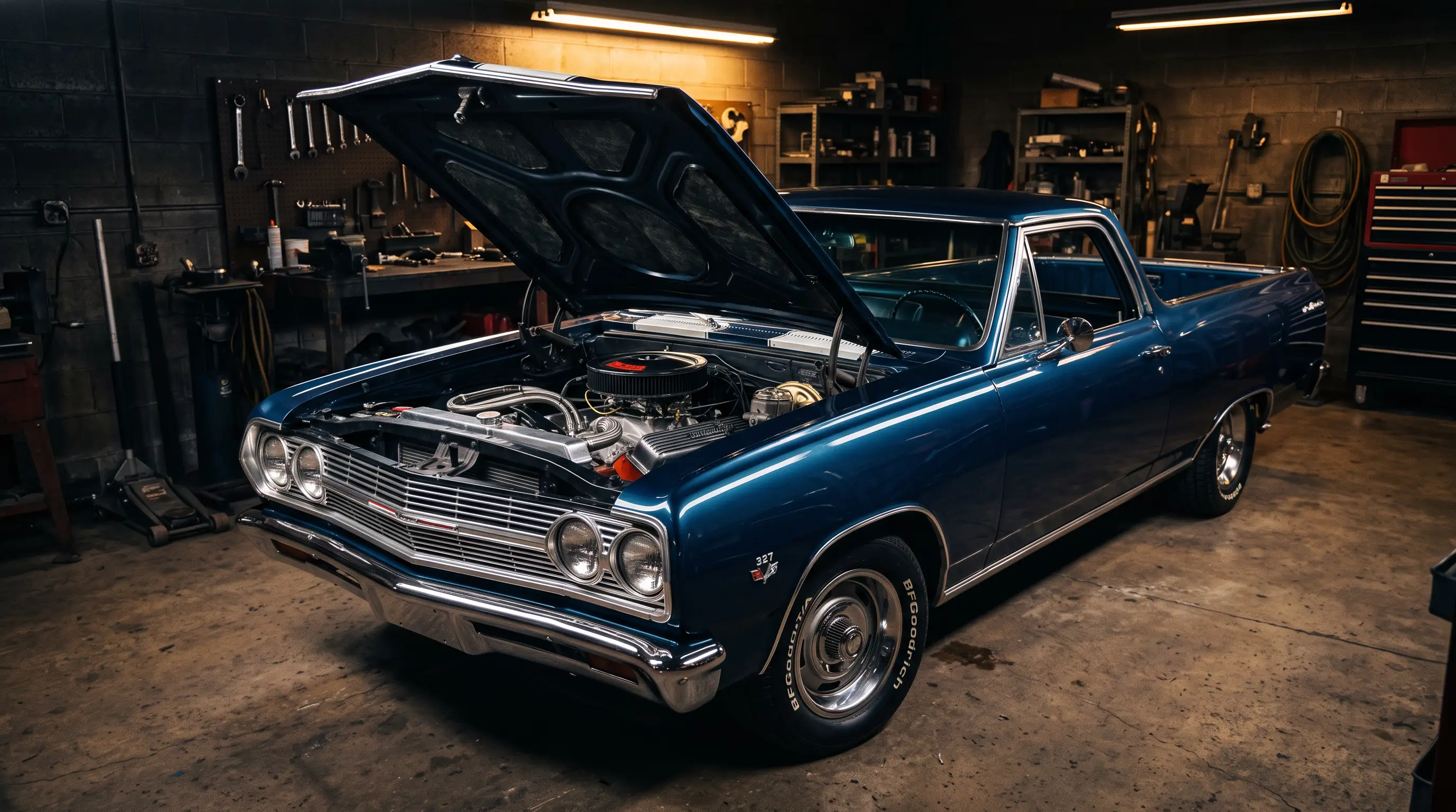 1965 Chevrolet El Camino with hood open showing its 327 small block V8 in a garage