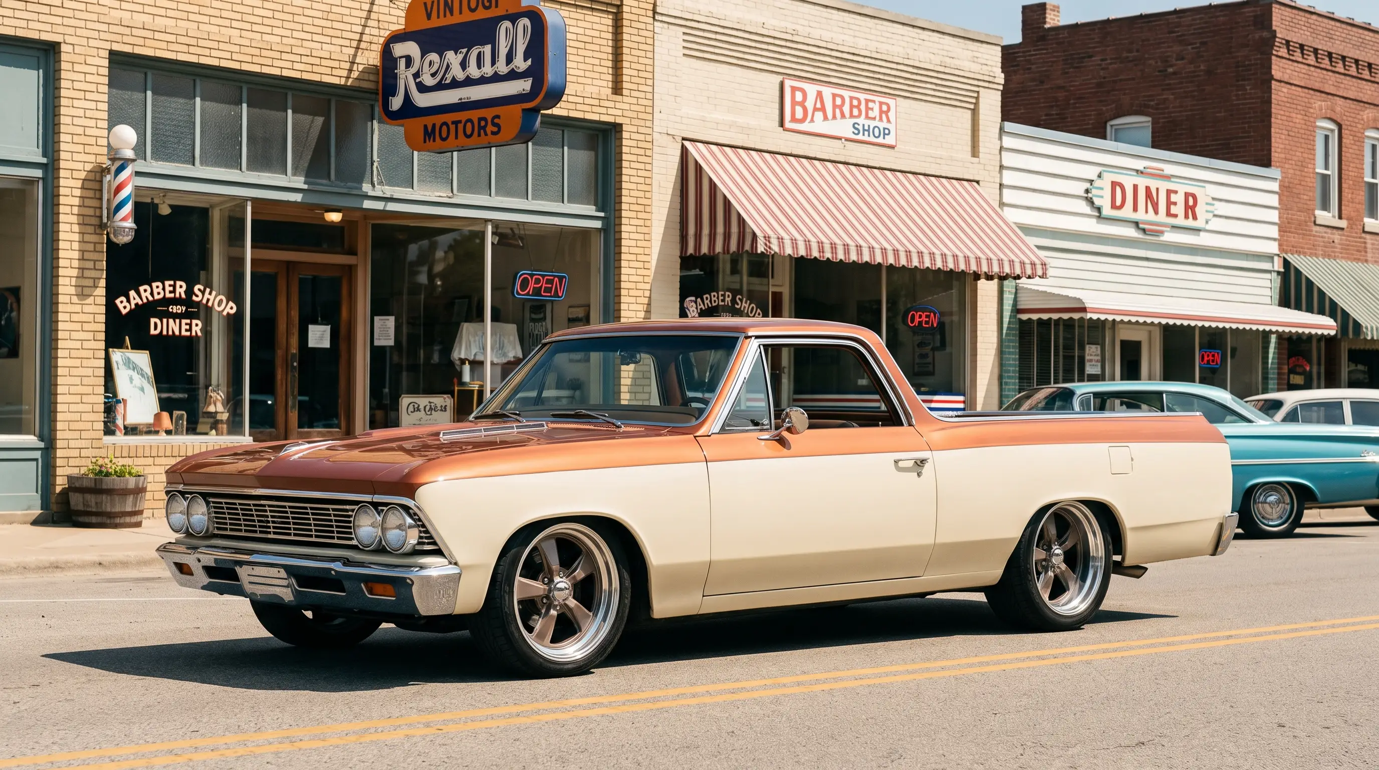 Two tone 1966 Chevrolet El Camino parked on a sunlit small town street