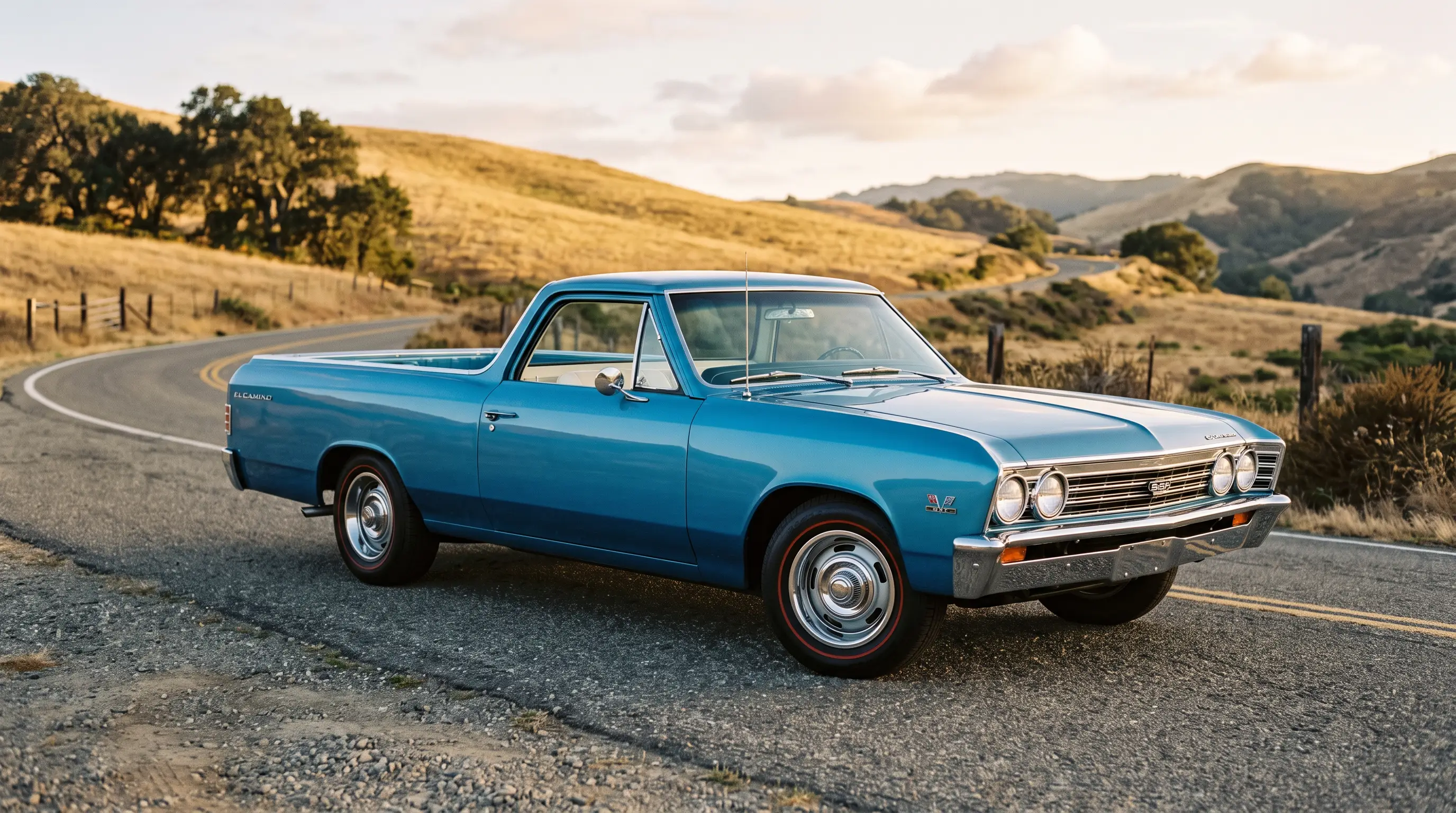1967 Chevrolet El Camino with clean mid size body on an open road at dusk