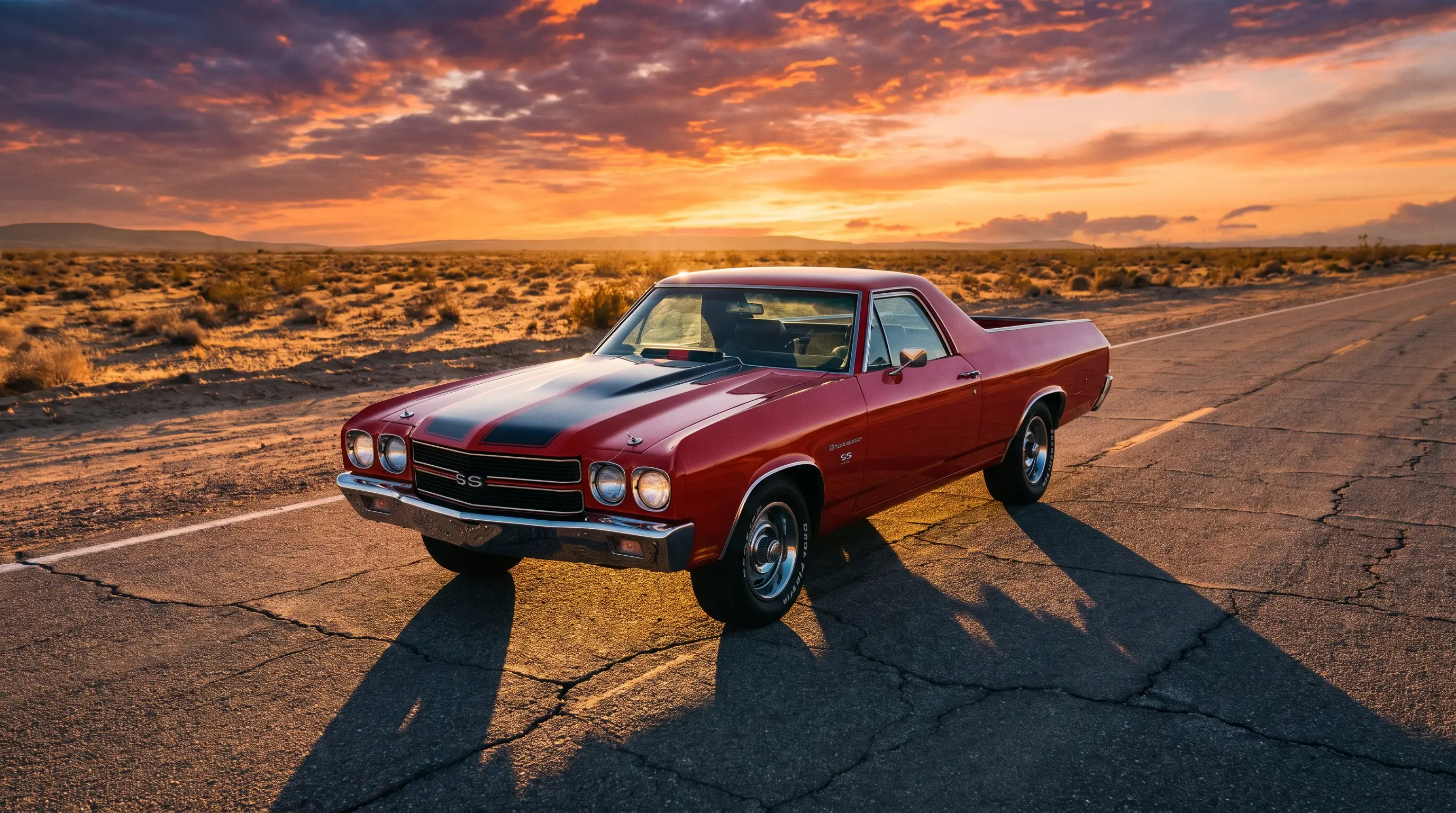 Red 1970 Chevrolet El Camino SS with black stripes on a desert highway at sunset