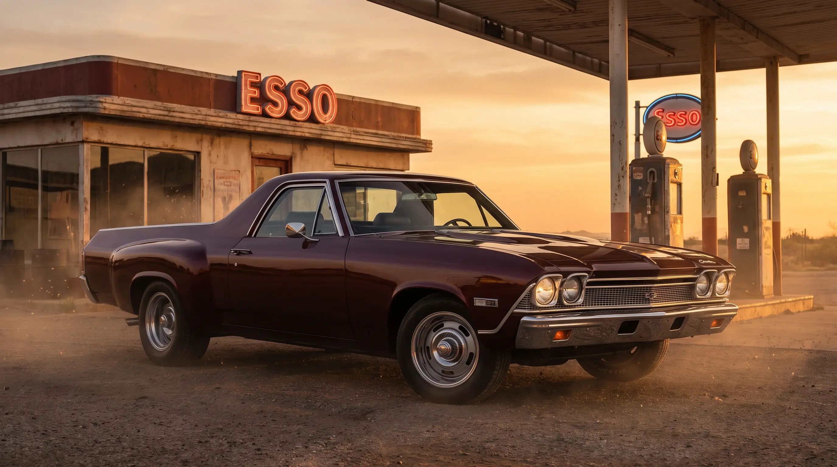 Maroon 1968 Chevrolet El Camino with Coke bottle styling at a period gas station