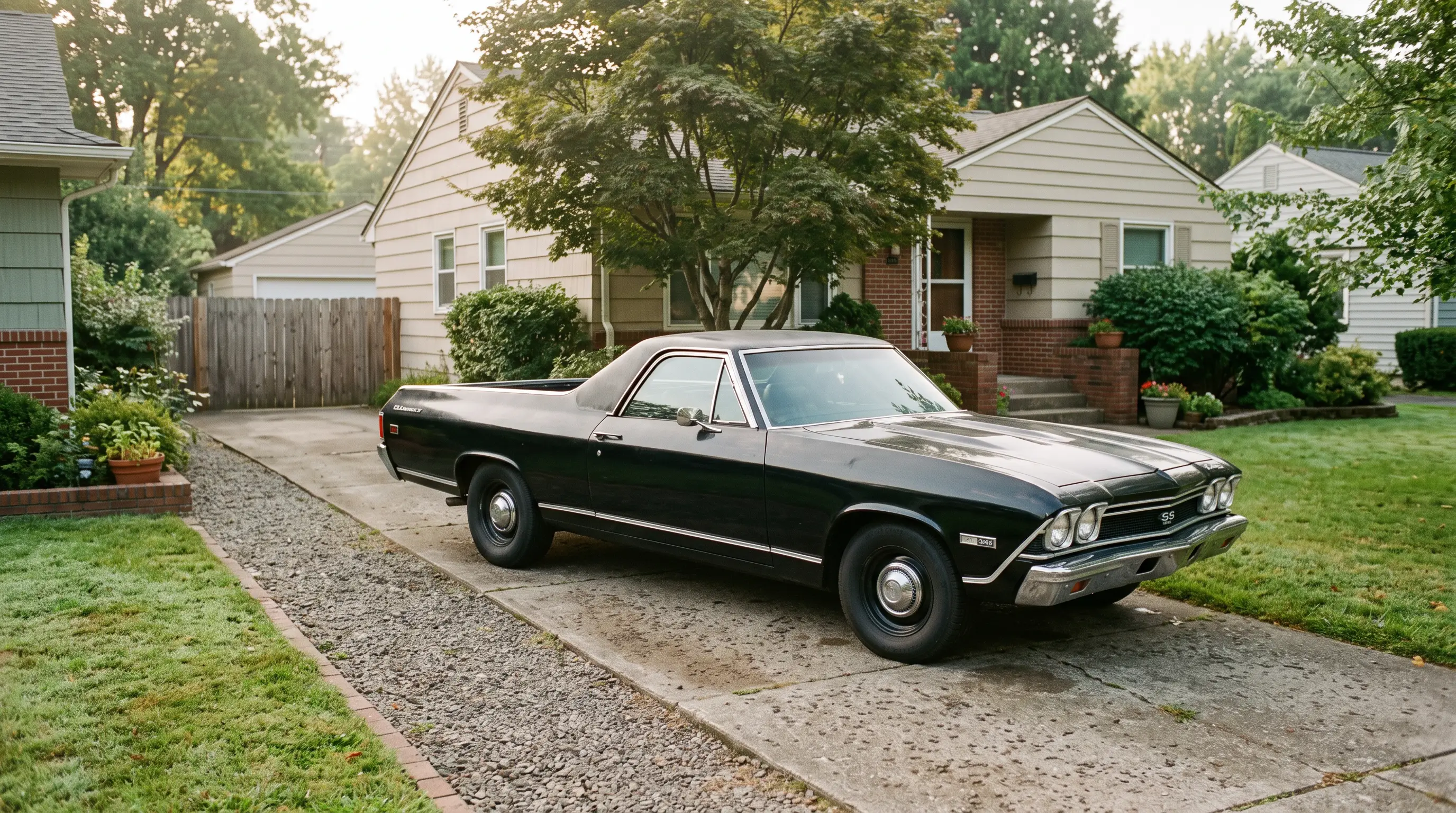 1968 El Camino SS 396 parked in a modest suburban driveway in soft morning light