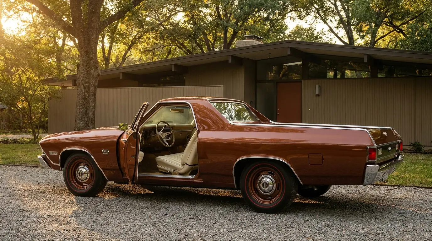 Metallic 1968 Chevy El Camino SS with door open showing vinyl interior at dusk