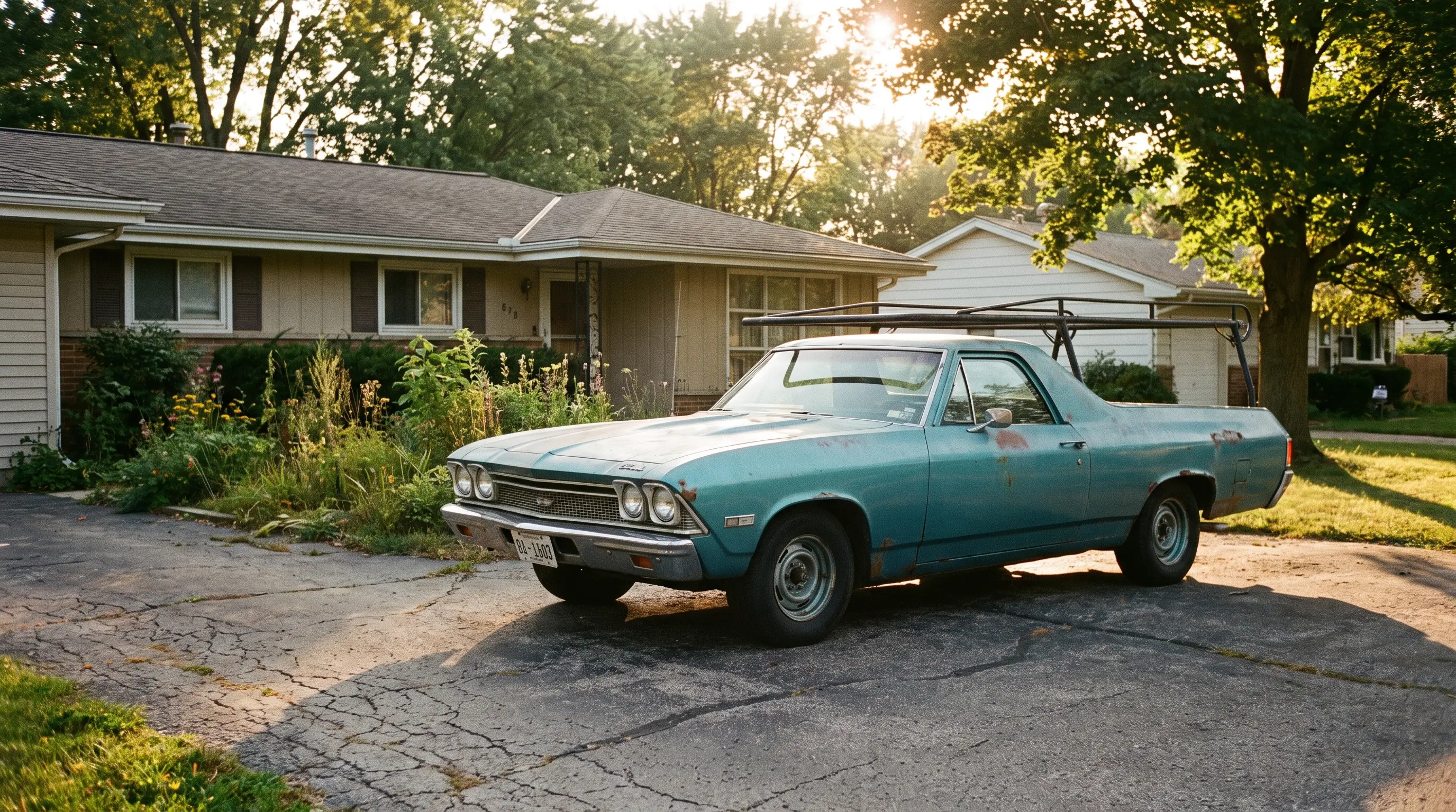 Faded turquoise 1968 Chevrolet El Camino parked in a quiet suburban driveway