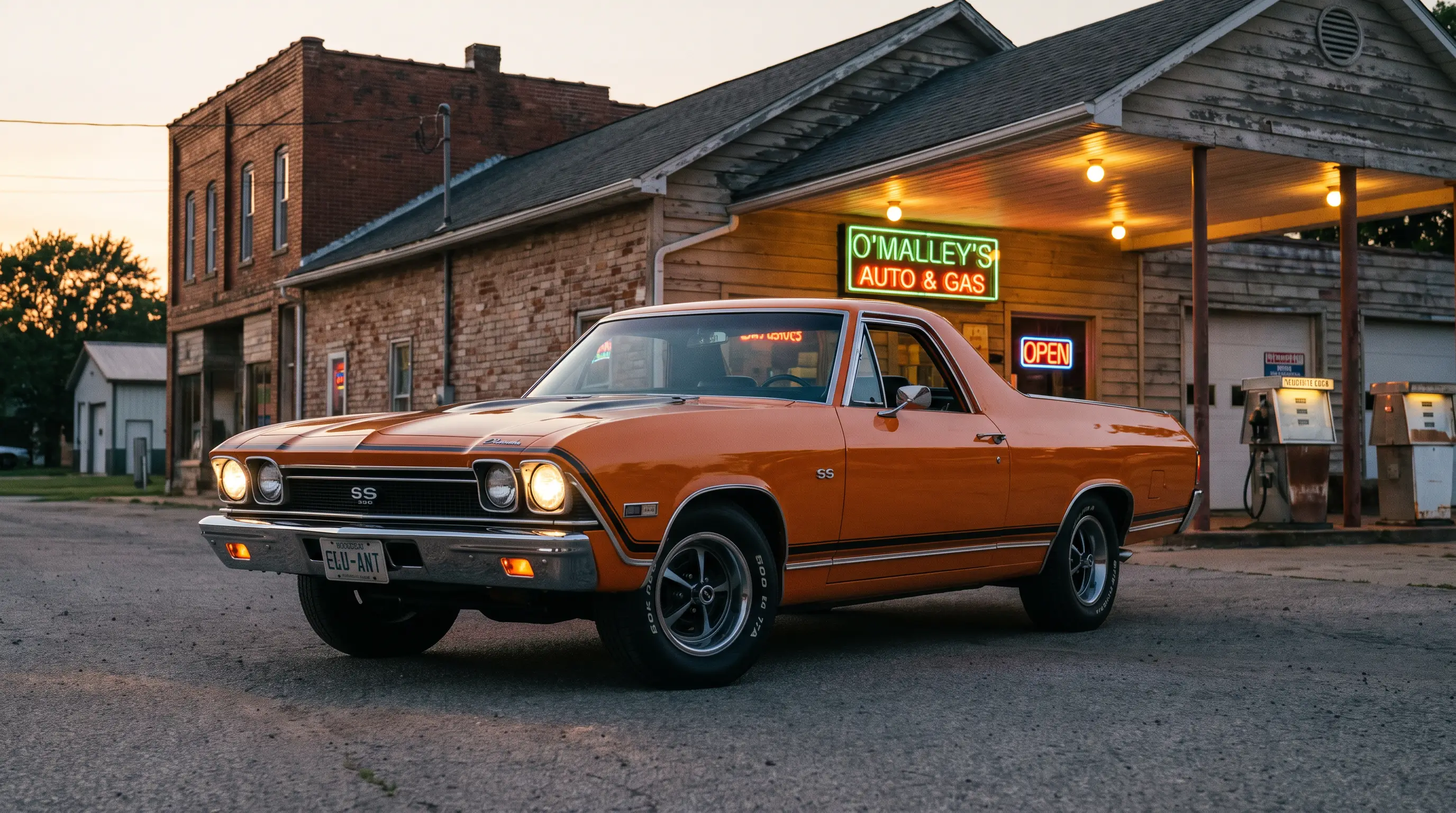 Orange 1968 Chevrolet El Camino SS 396 with black stripes at a small town gas station