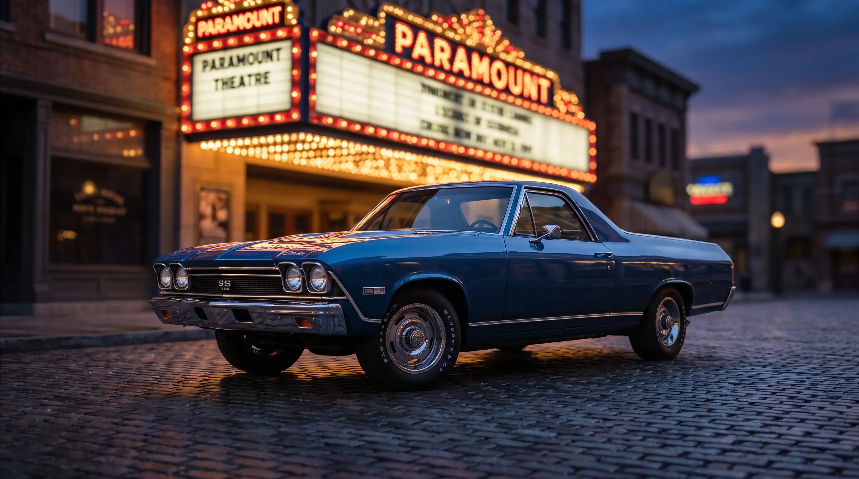 1968 El Camino SS parked on a movie backlot street with marquee lights in evening