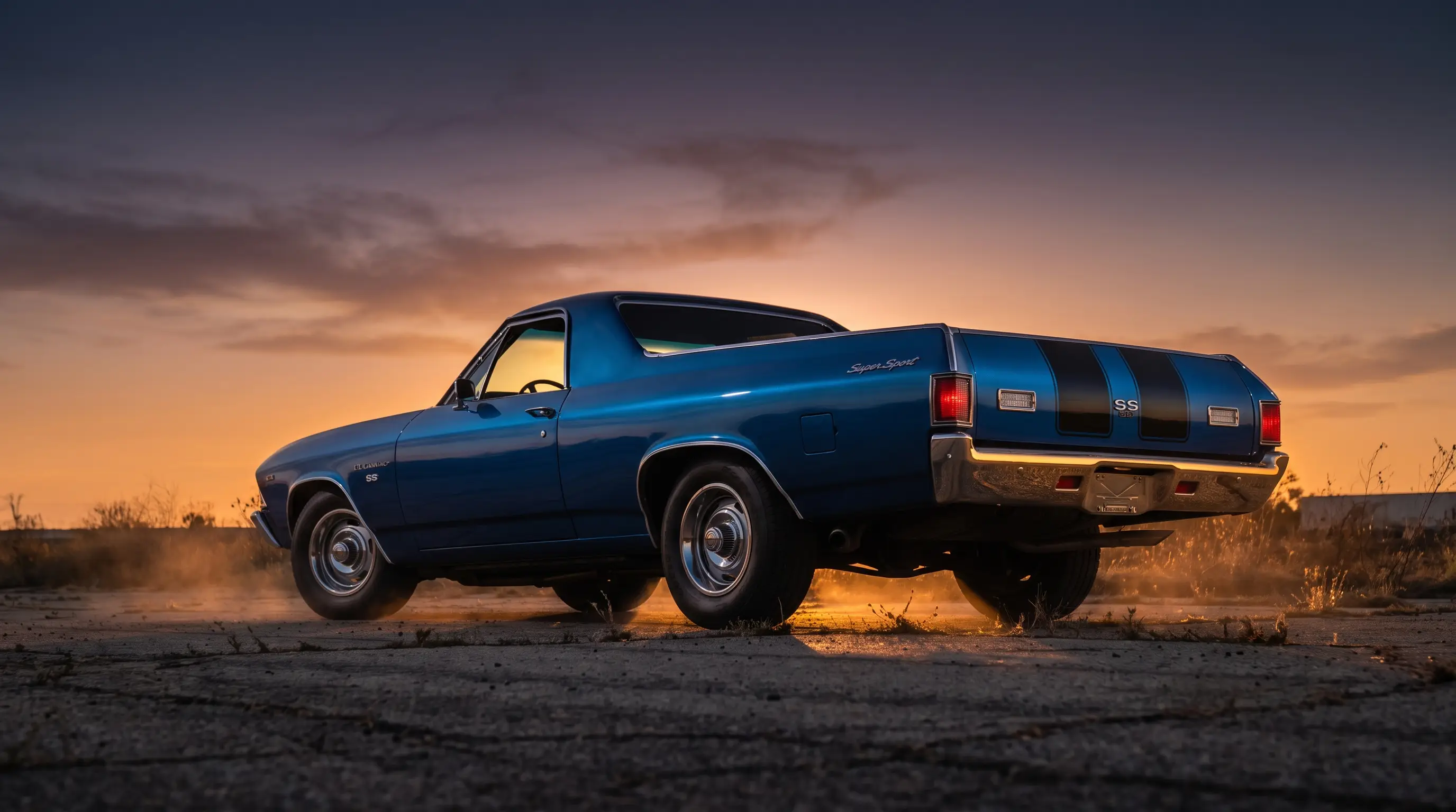 1968 Chevrolet El Camino SS with black stripes shown at low angle in fading dusk light