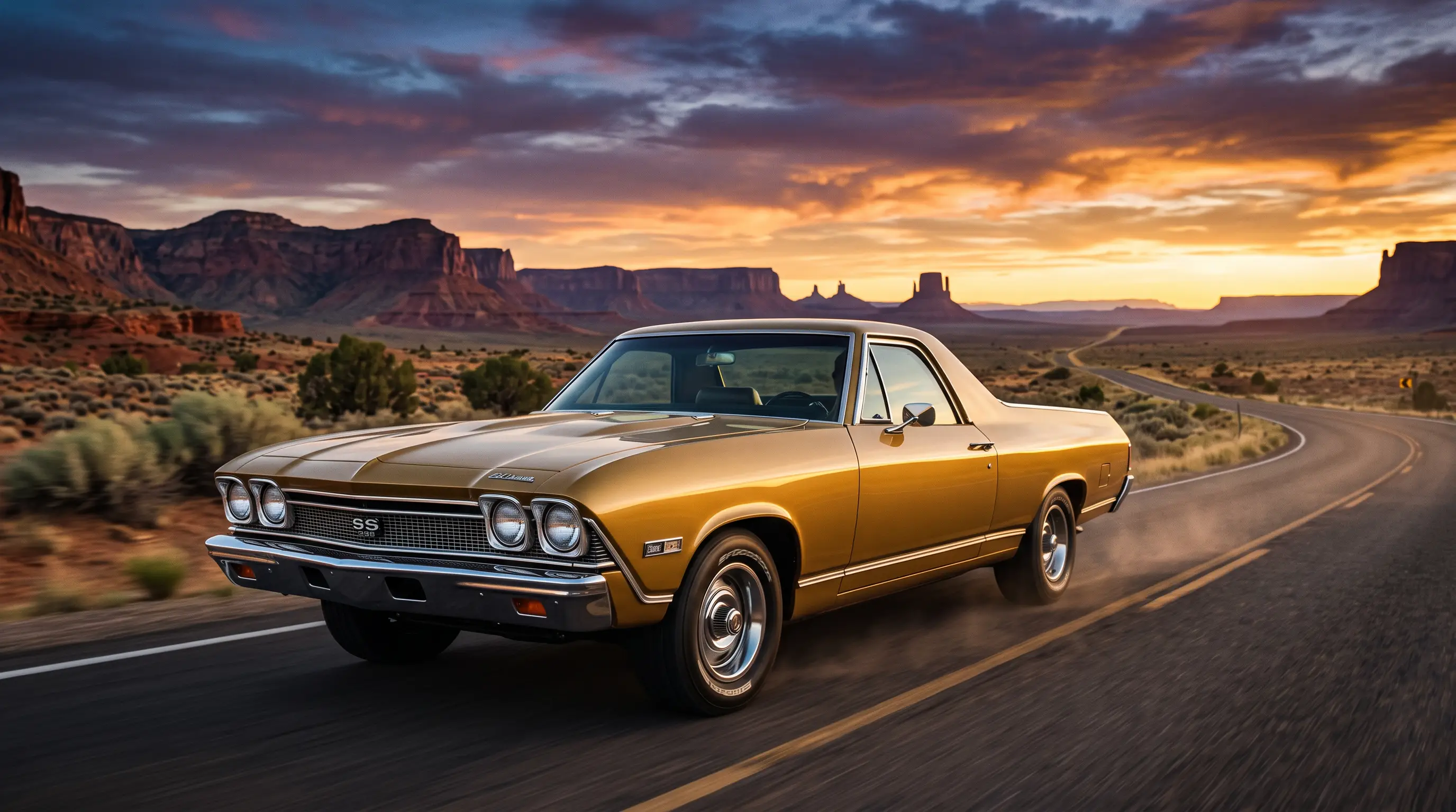 Gold 1968 Chevrolet El Camino on a desert highway at sunset