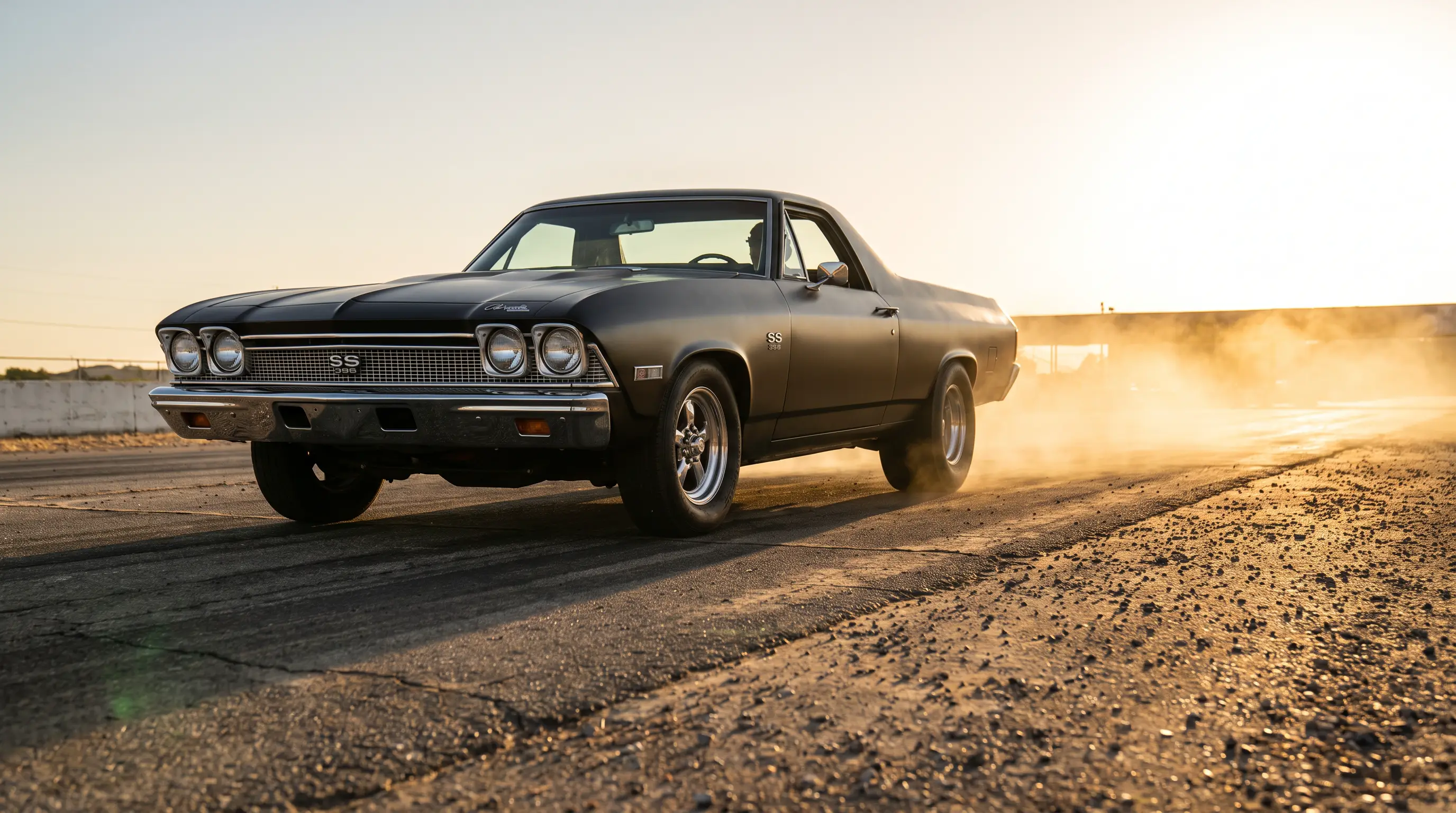 Matte black 1968 Chevrolet El Camino SS 396 at a drag strip kicking up dust