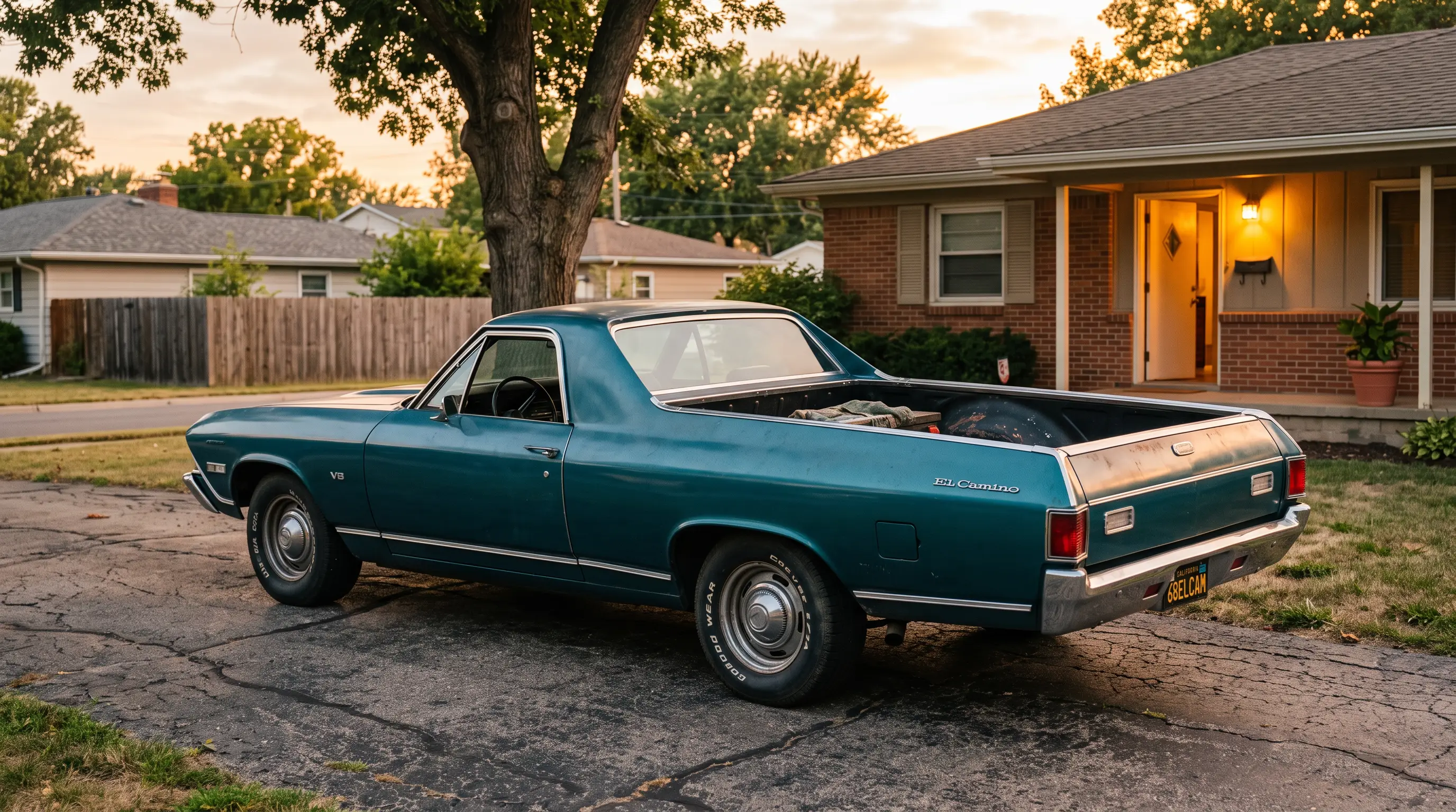 Cherished 1968 Chevrolet El Camino parked in a driveway at golden hour