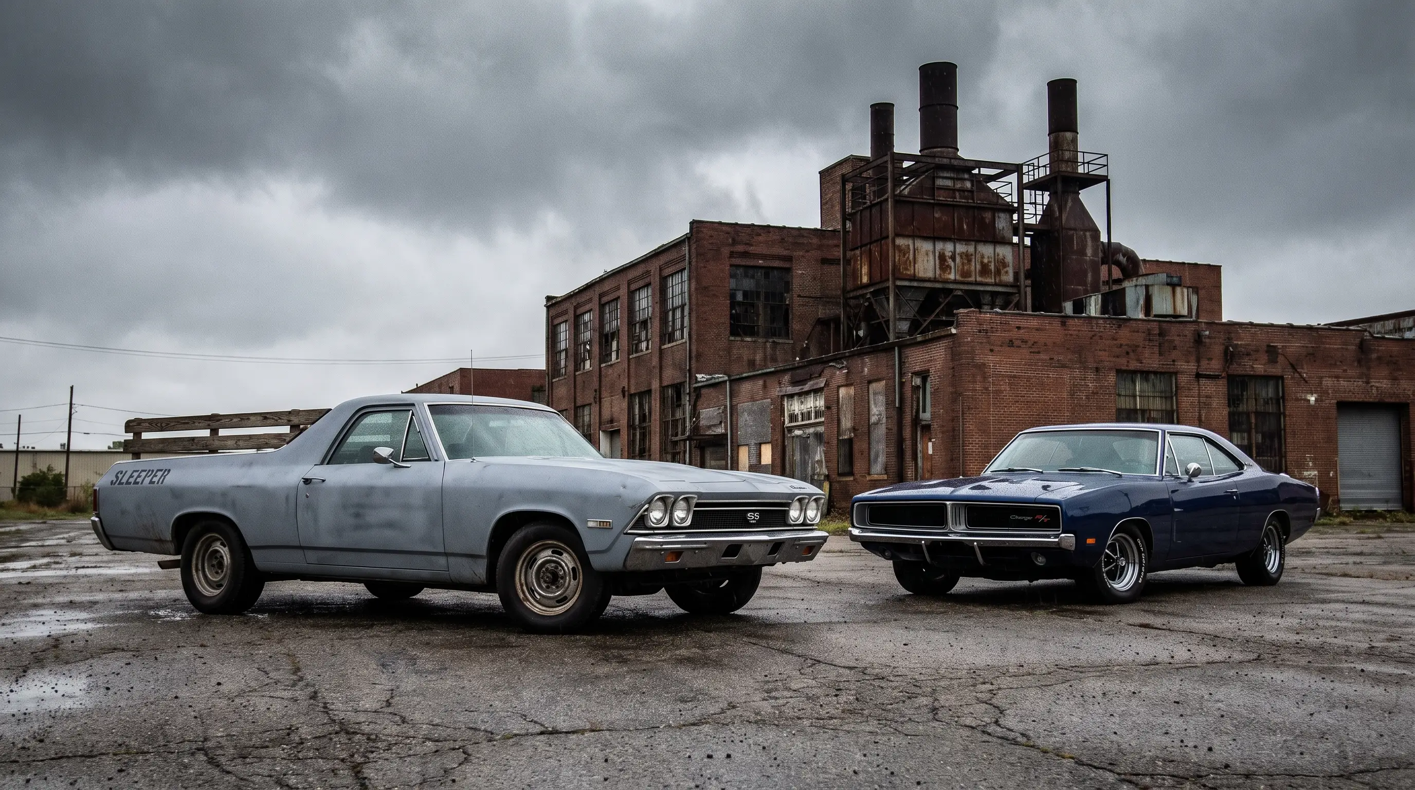 1968 El Camino SS 396 in work truck styling beside a classic muscle car
