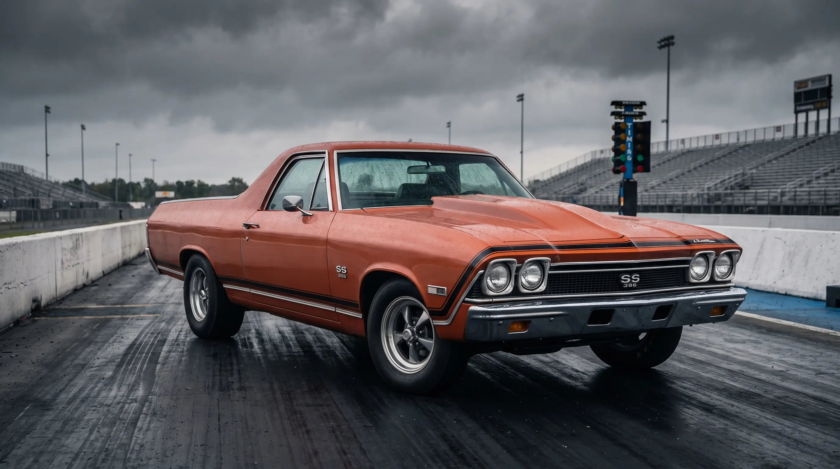 Orange 1968 El Camino SS 396 with hood scoop at a drag strip