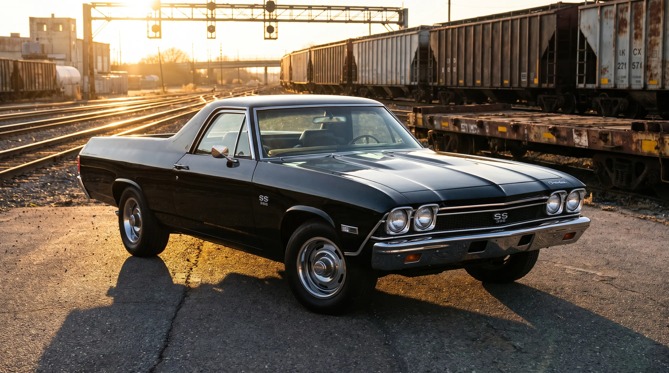 Black 1968 Chevrolet El Camino SS396 parked in an industrial rail yard at sunset