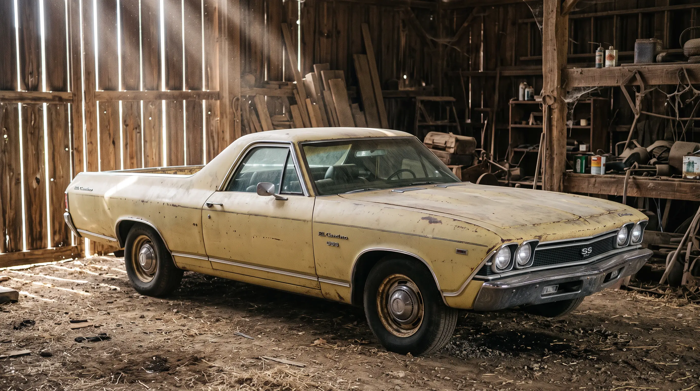 Original patina 1968 Chevrolet El Camino parked inside an old barn with light through slats