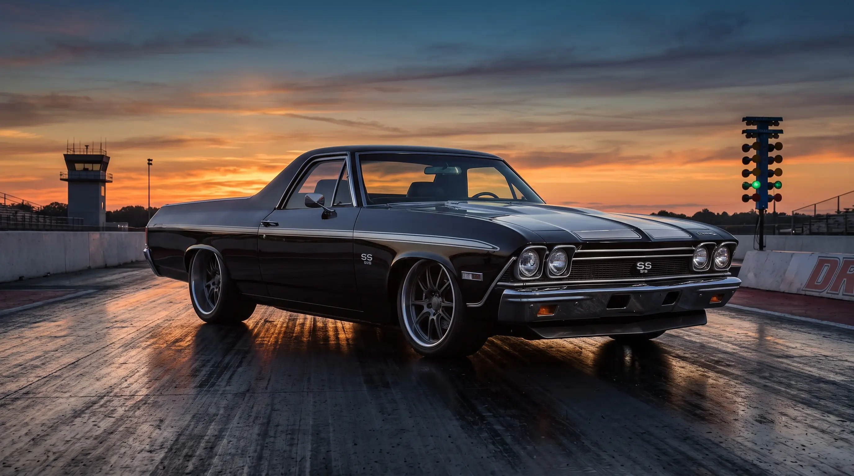 Black 1968 Chevrolet El Camino SS with stripes on an empty drag strip at dusk