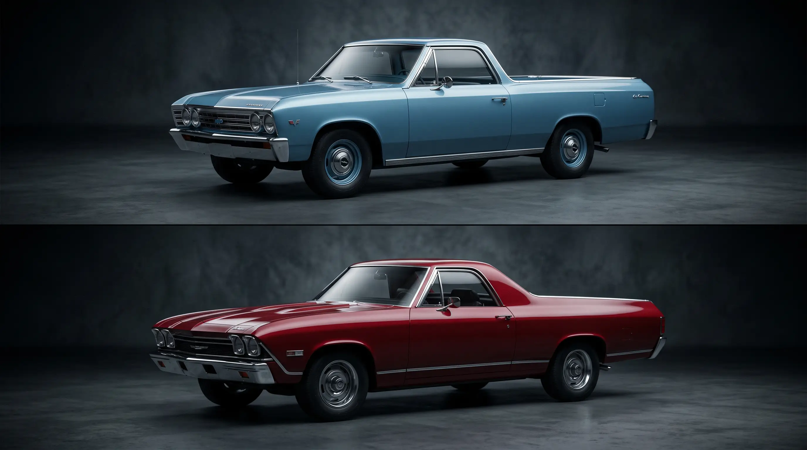 Boxy 1967 El Camino beside the redesigned longer lower 1968 El Camino in a studio