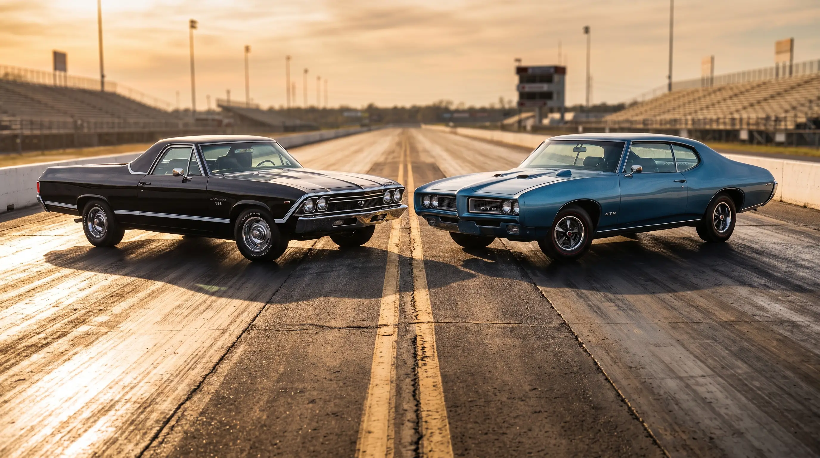 1968 El Camino SS 396 staged nose to nose with a Pontiac GTO on a drag strip