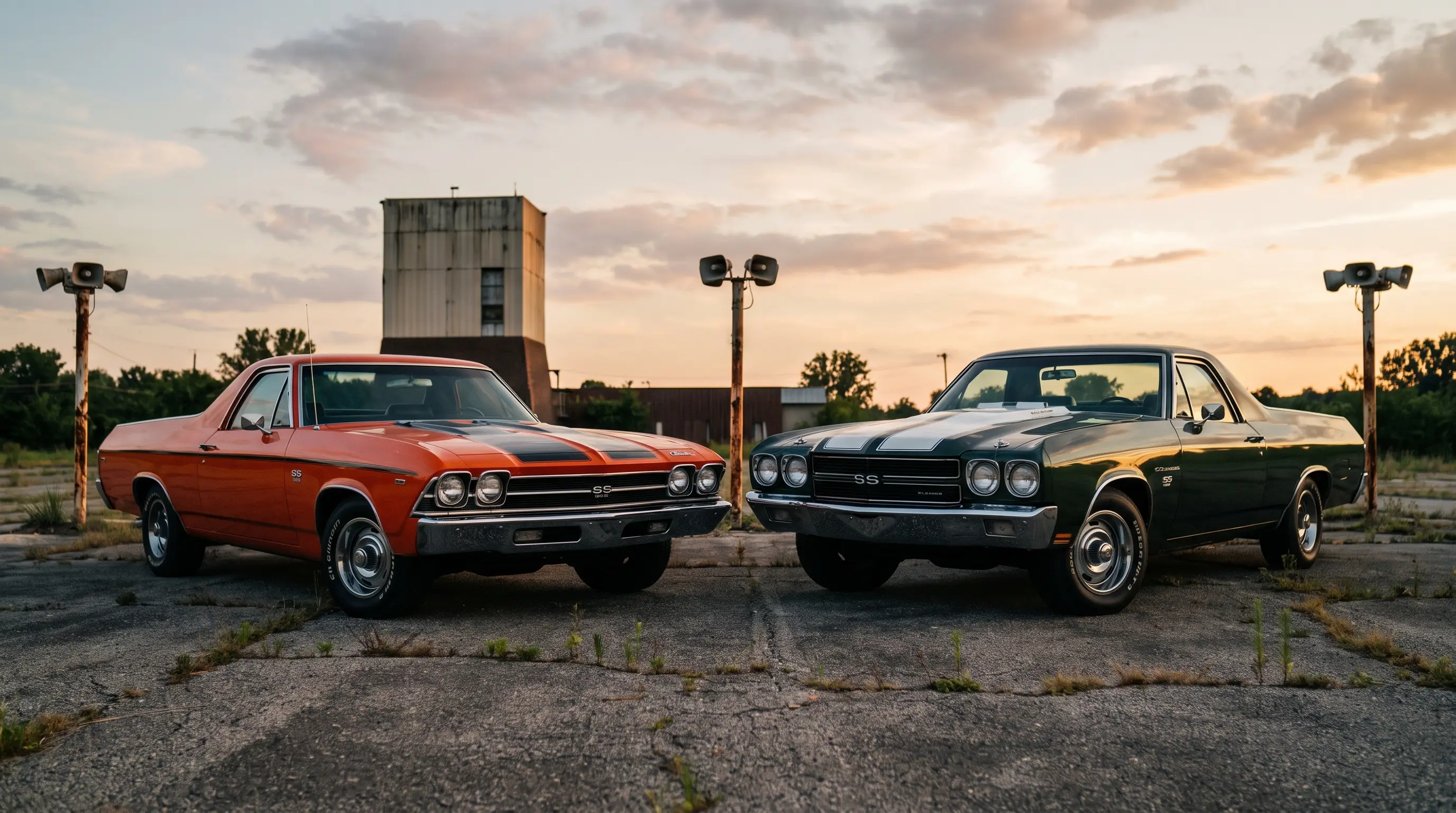 Orange 1969 and green 1970 Chevrolet El Camino parked side by side at a dusk drive-in