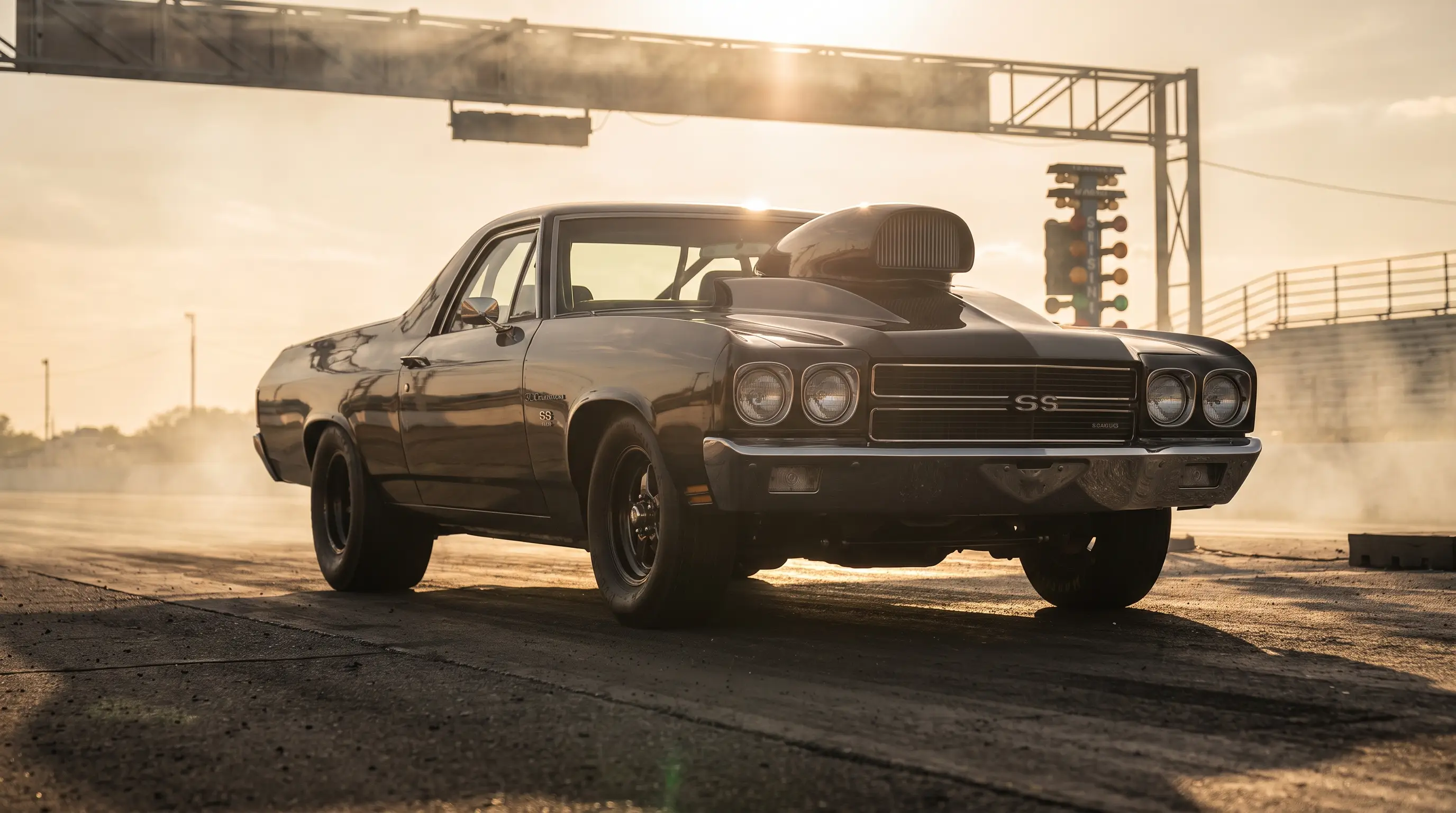 1970 Chevrolet El Camino SS cowl induction hood scoop at a drag strip stoplight