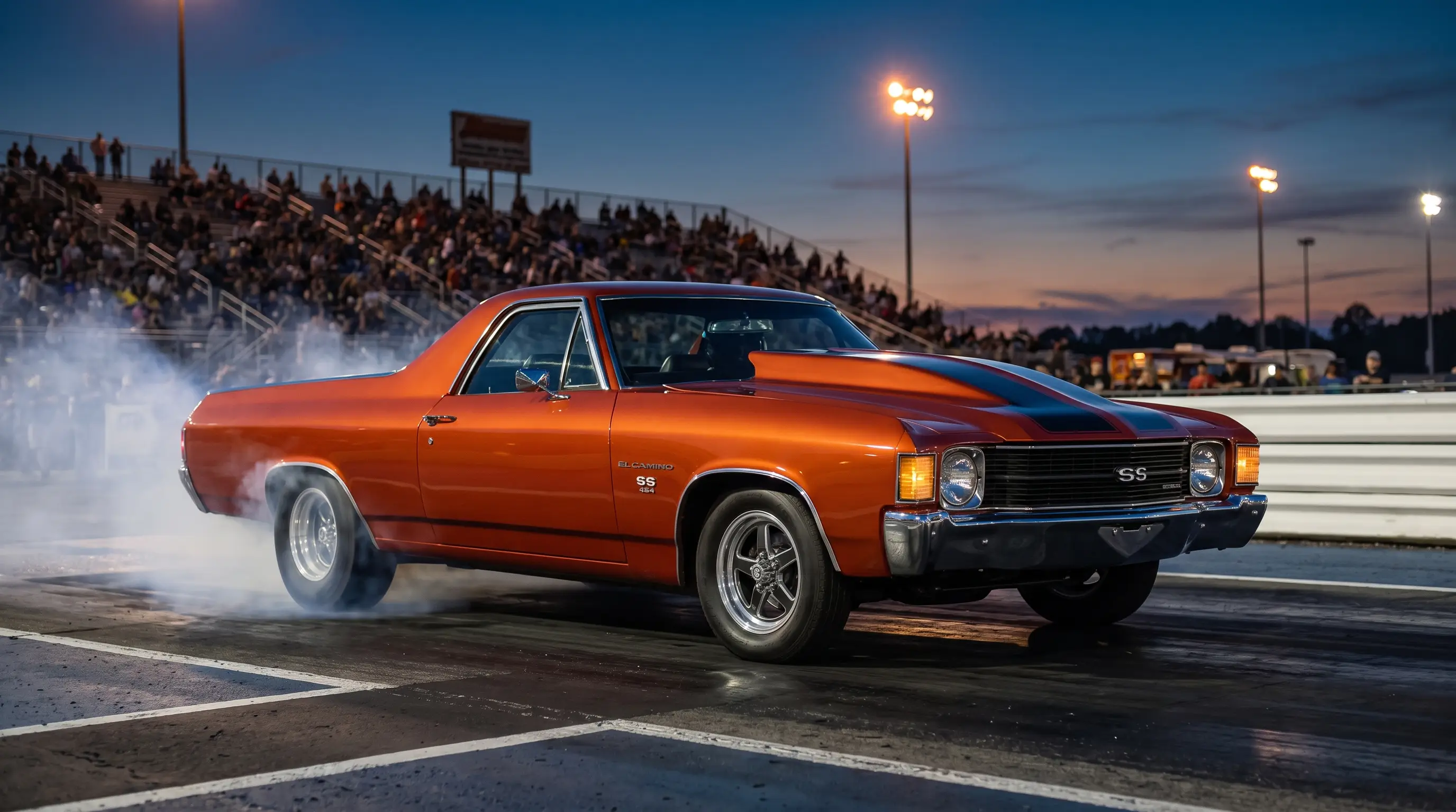 1970 El Camino SS 454 staged at a drag strip starting line with tire smoke