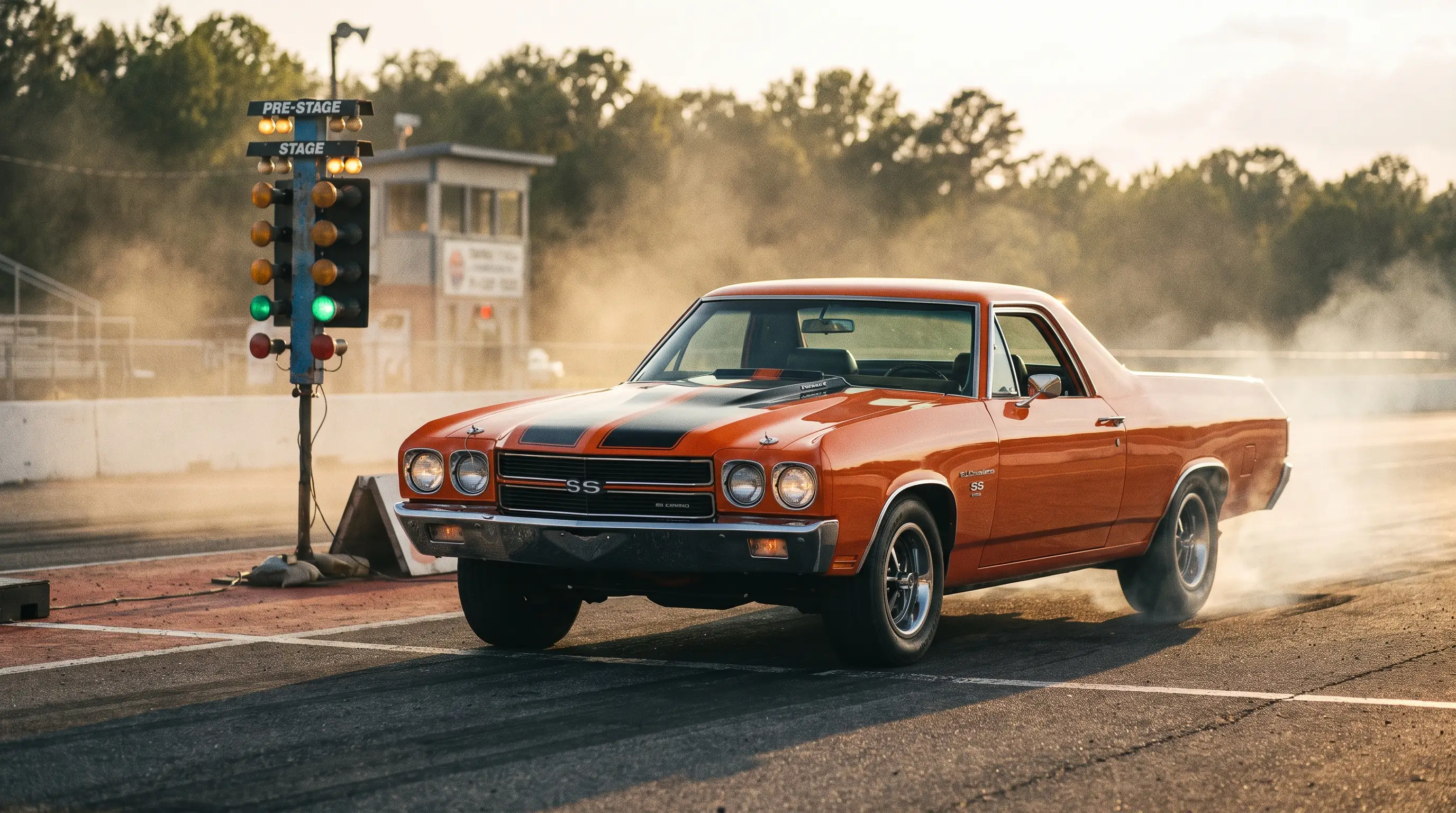 1970 Chevrolet El Camino SS 454 with black stripes at a dragstrip staging line