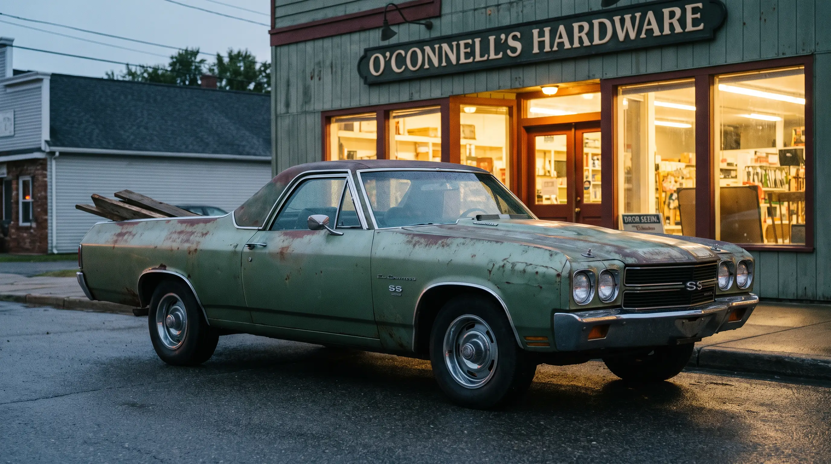Faded green 1970 Chevrolet El Camino SS with lumber in the bed outside a hardware store at dusk