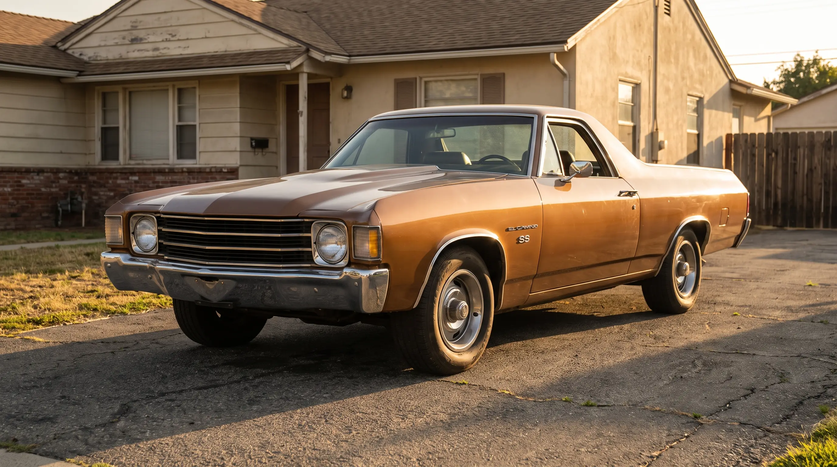 Bronze 1972 Chevrolet El Camino SS parked in a sun faded driveway at golden hour
