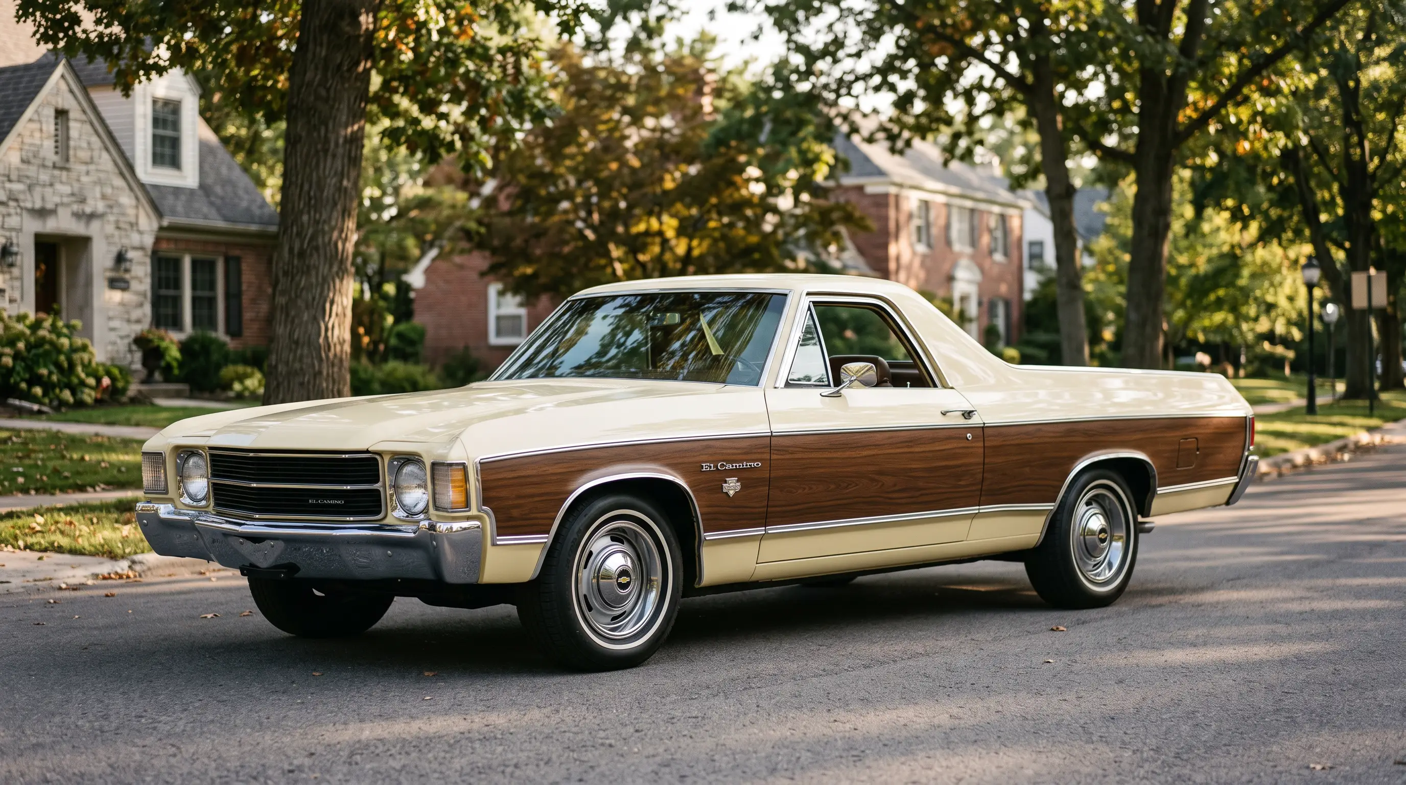 Cream 1972 Chevrolet El Camino Conquista with wood grain trim on a tree lined street