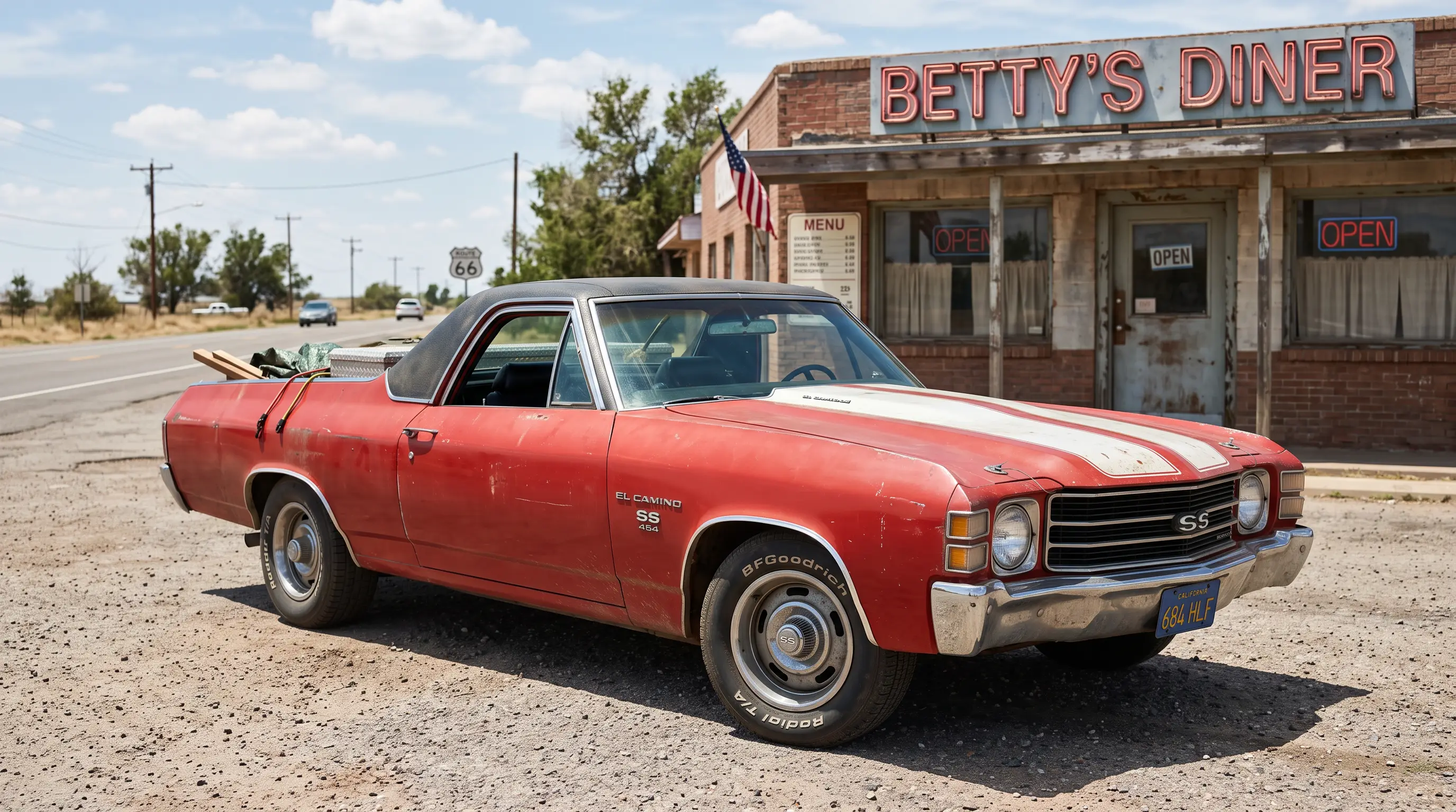 Sun bleached red 1972 Chevrolet El Camino SS parked outside a roadside diner at midday
