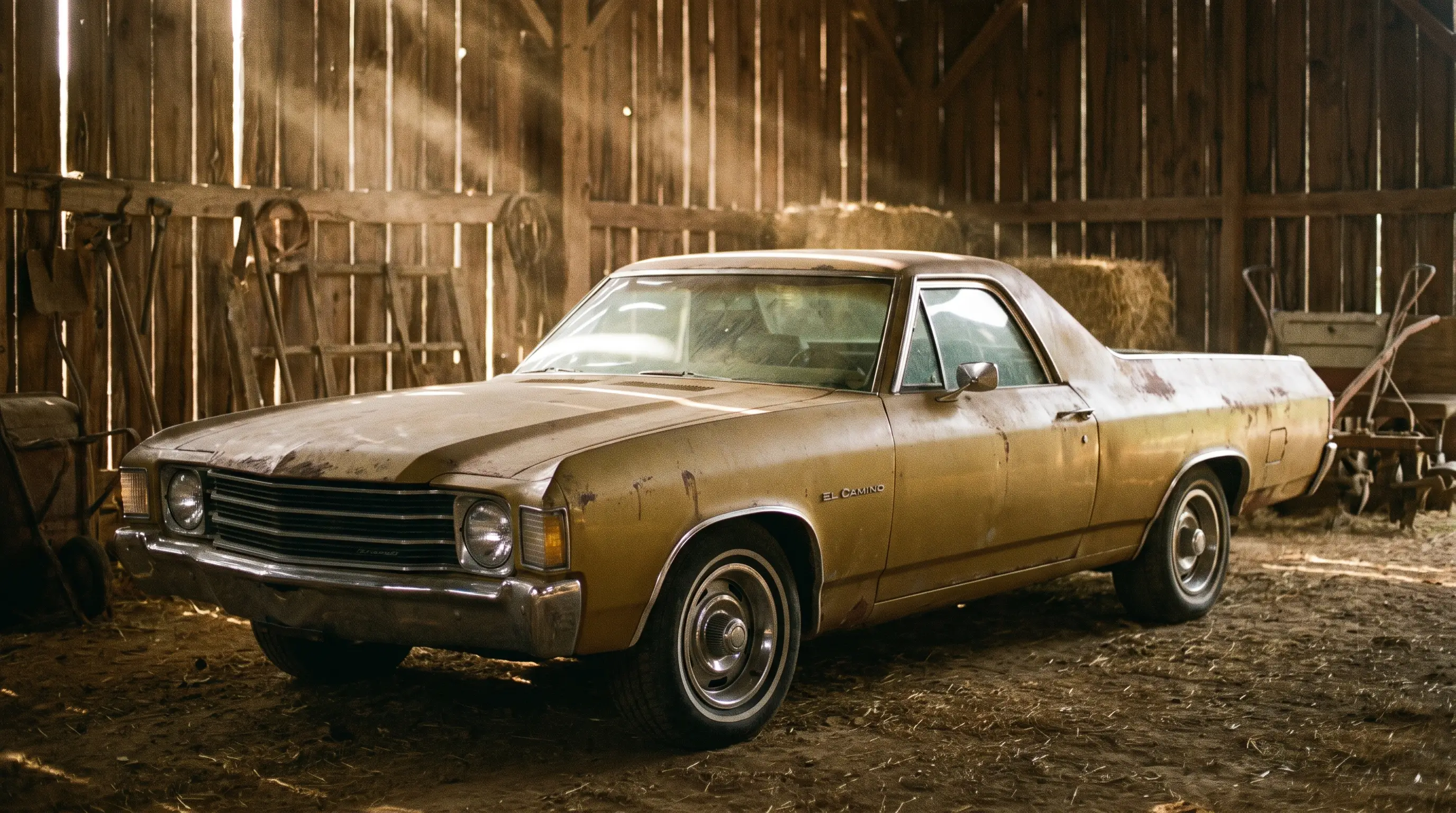 Faded gold 1972 Chevrolet El Camino parked alone in an old barn with light beams