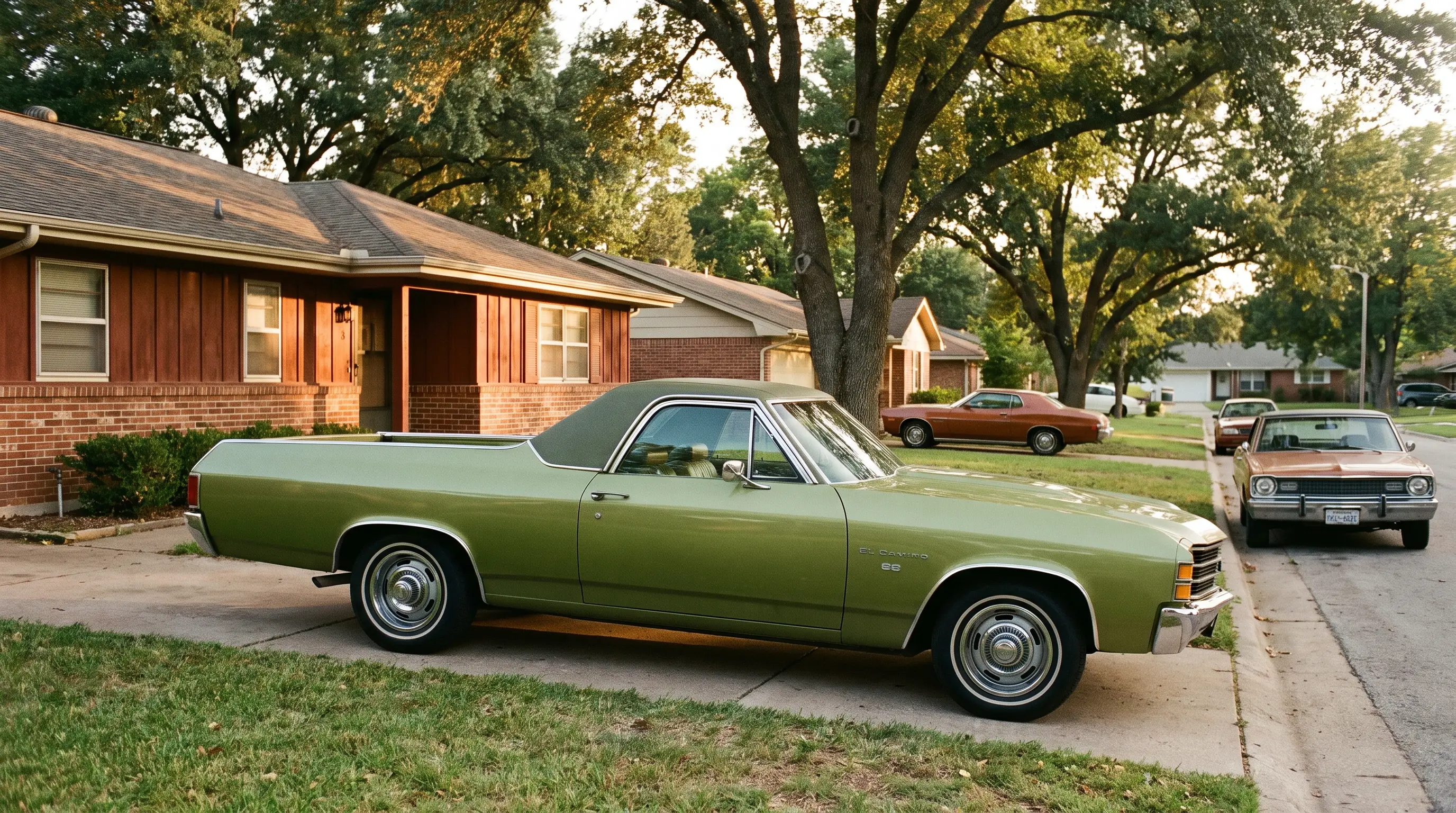 Avocado green 1972 El Camino parked in a 1970s suburban driveway