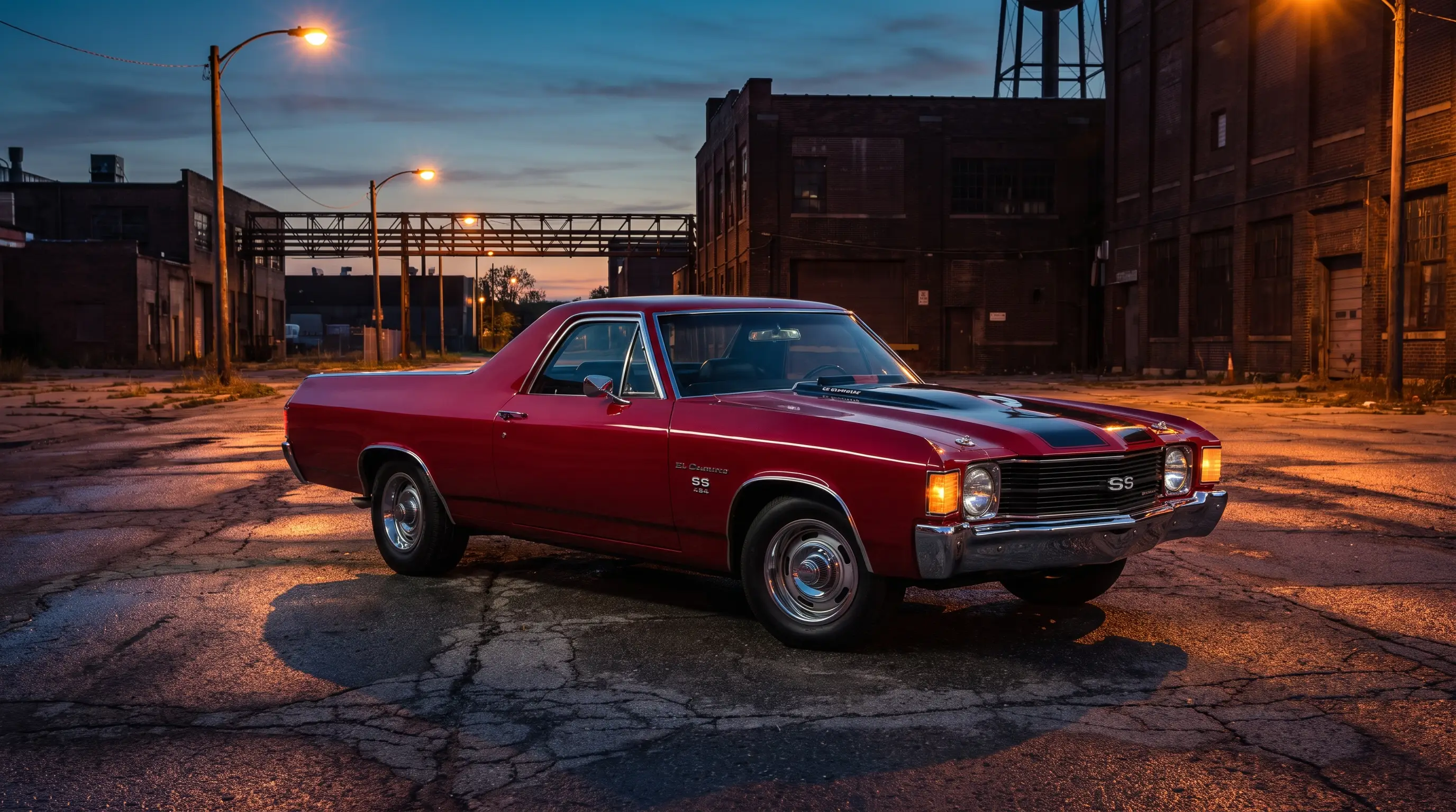 1972 Chevrolet El Camino SS 454 in red with black stripes parked at dusk in an industrial lot