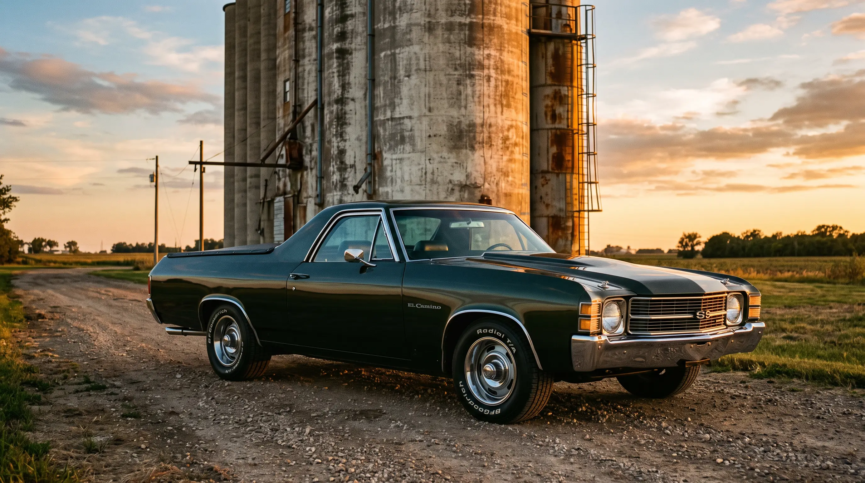 Dark green 1972 Chevrolet El Camino parked near a grain silo at golden hour