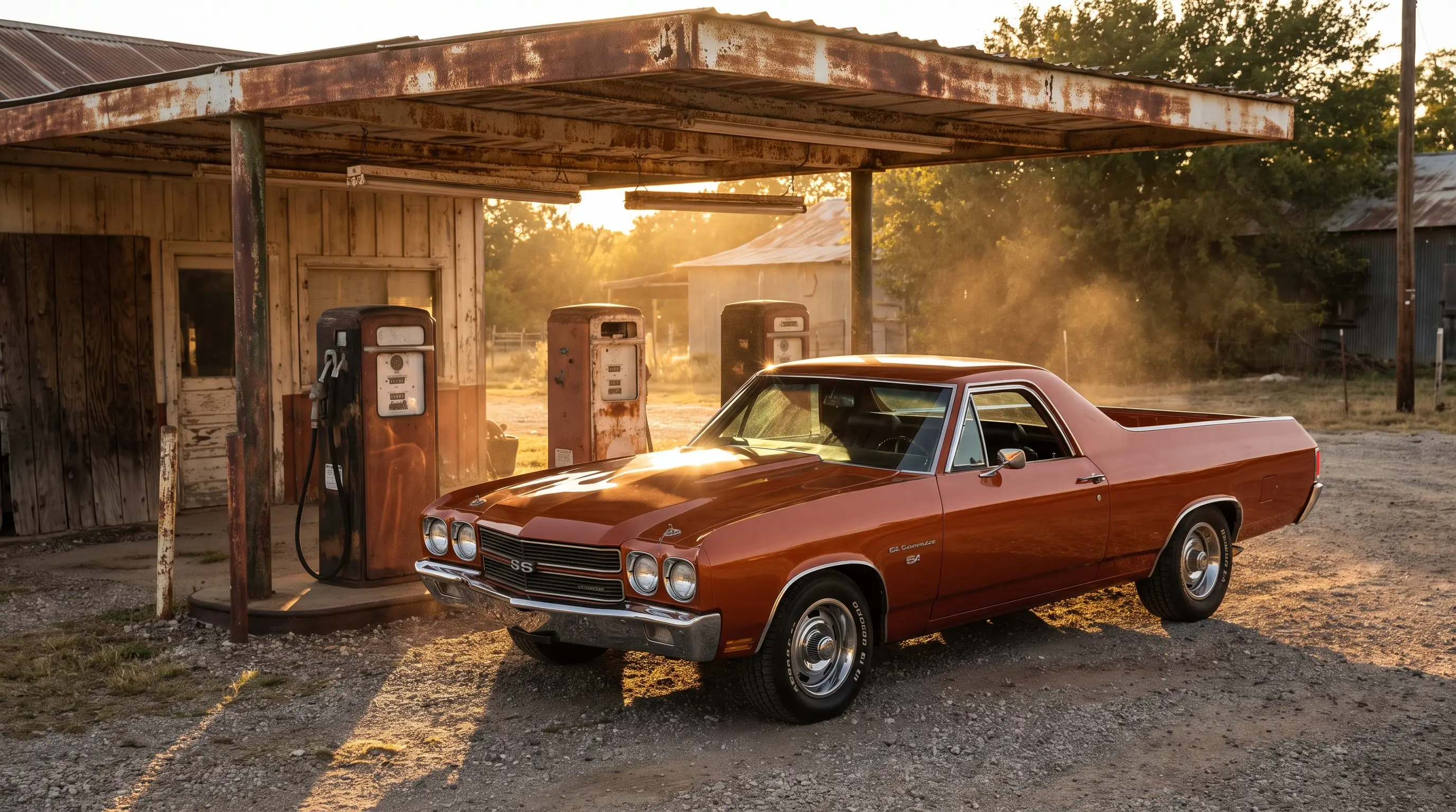 1972 Chevrolet El Camino in burnt orange parked at an old gas station in late afternoon light