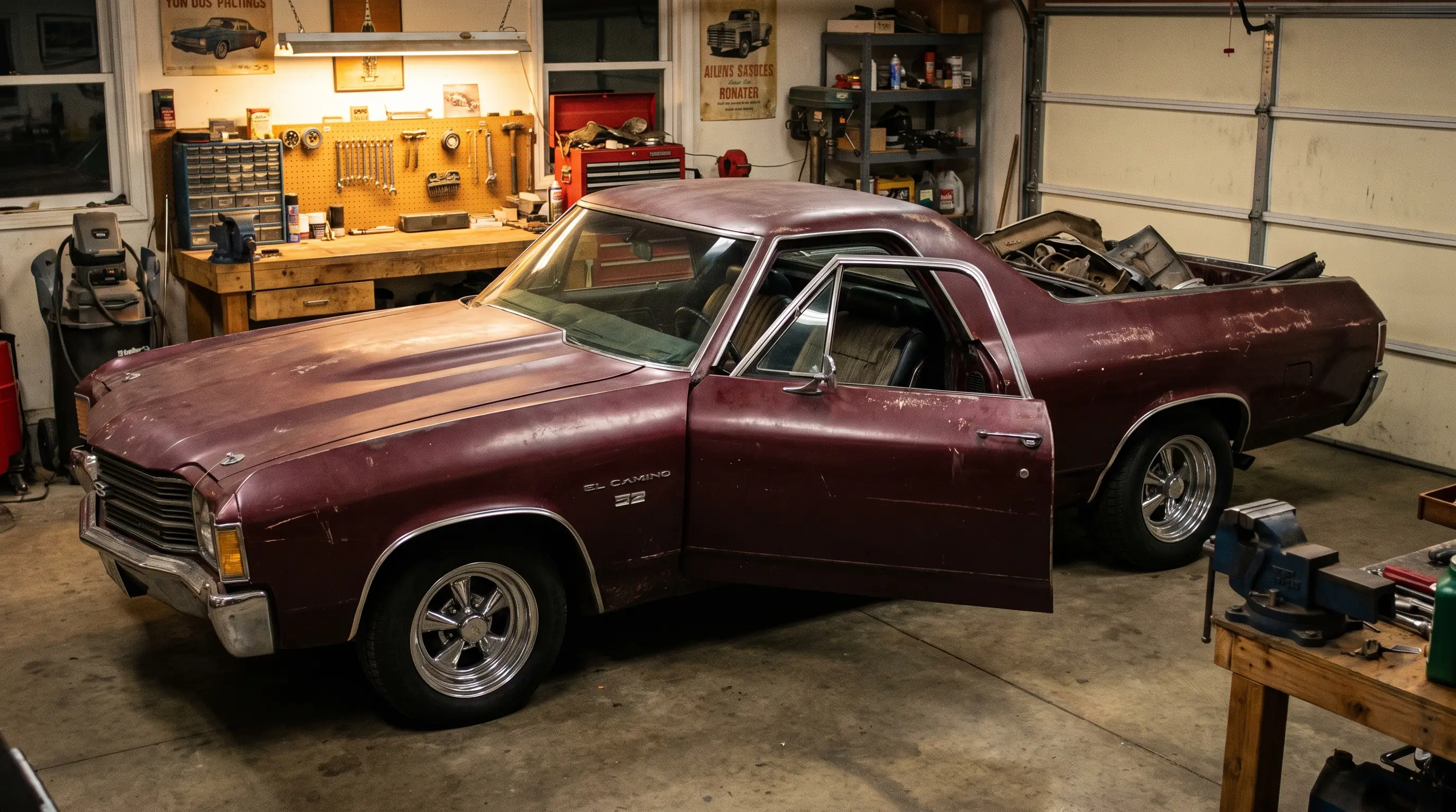 Maroon 1972 El Camino parked in a home garage with tools nearby